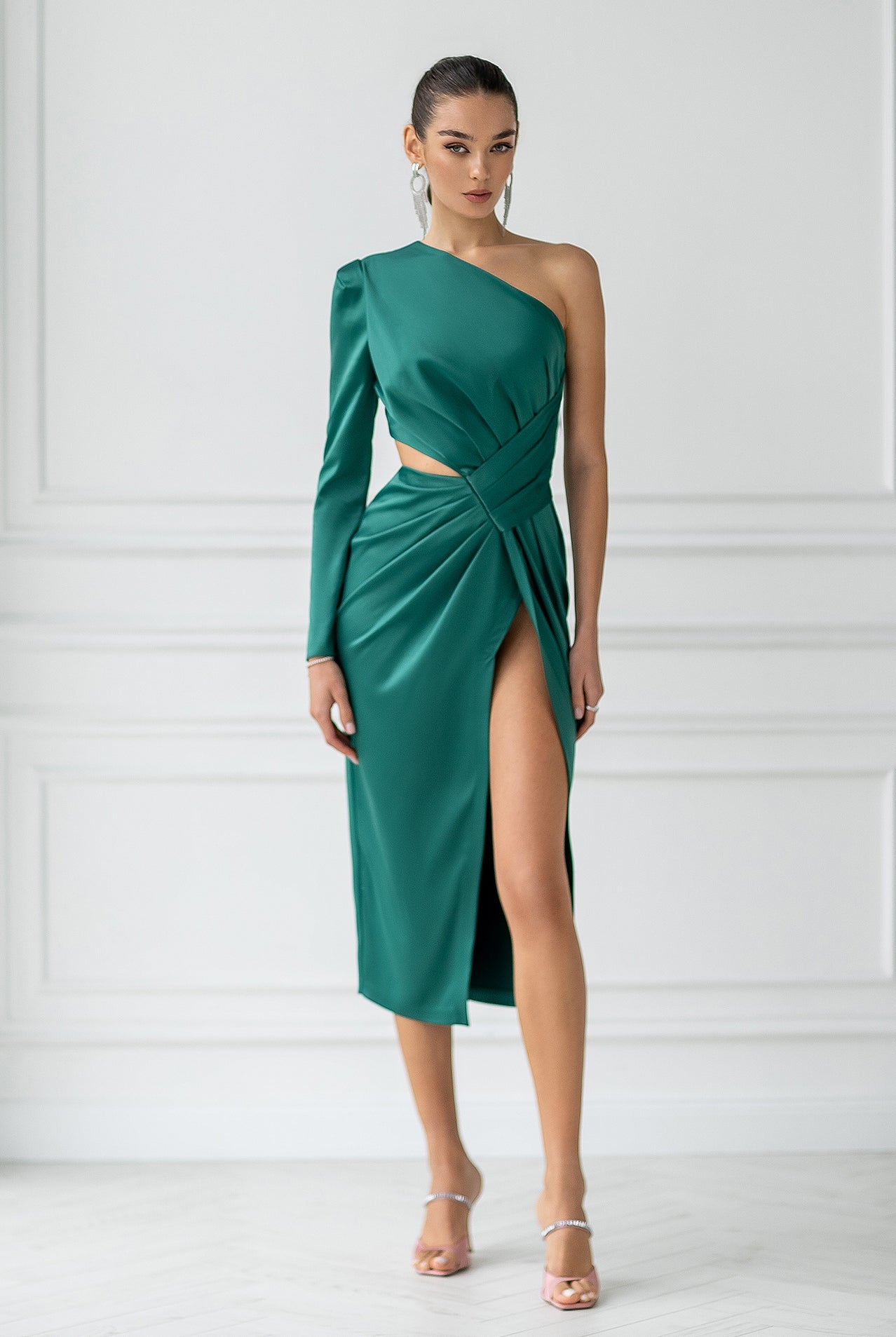 Emerald Satin One-Shoulder Cut-Out Midi Dress