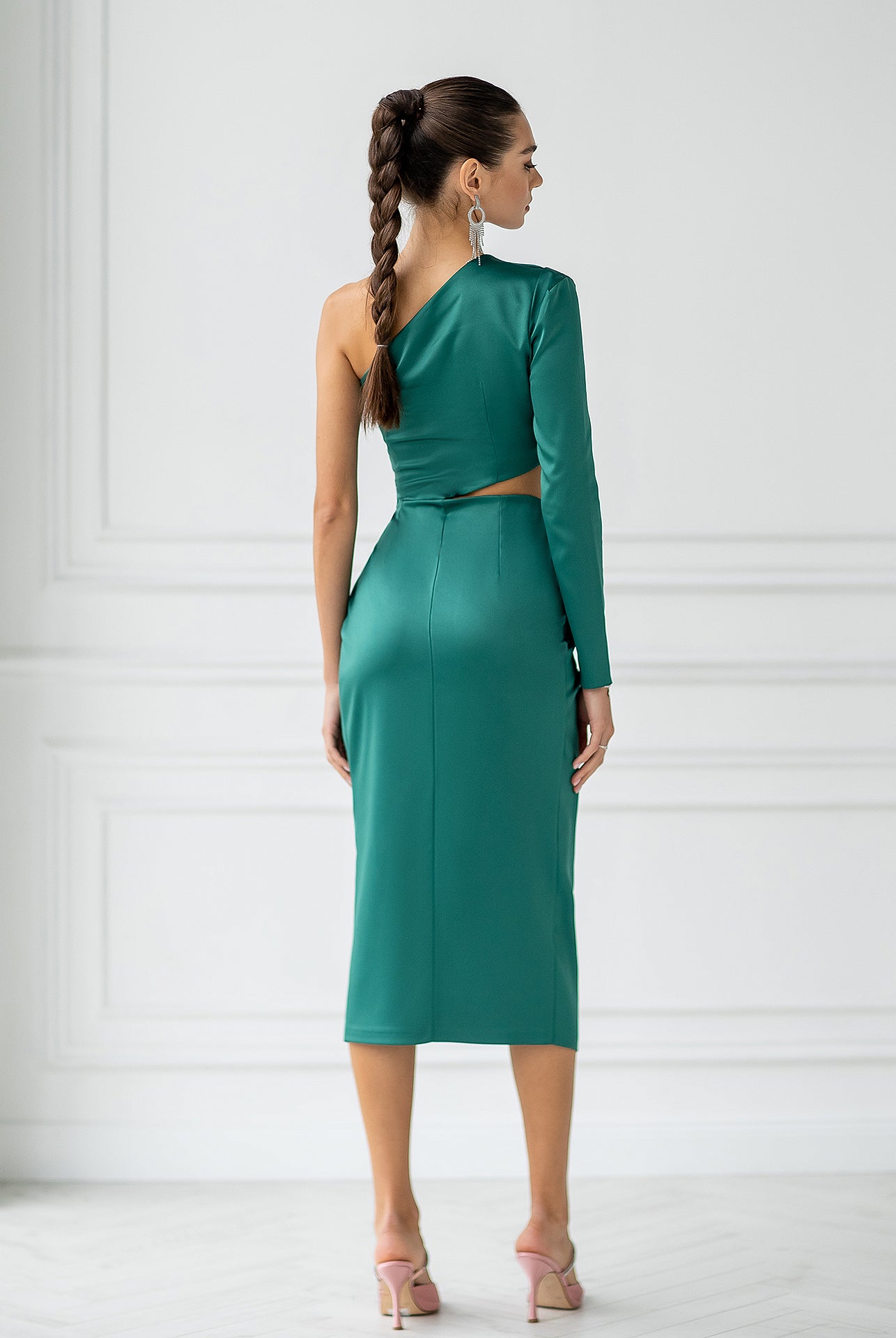Emerald Satin One-Shoulder Cut-Out Midi Dress