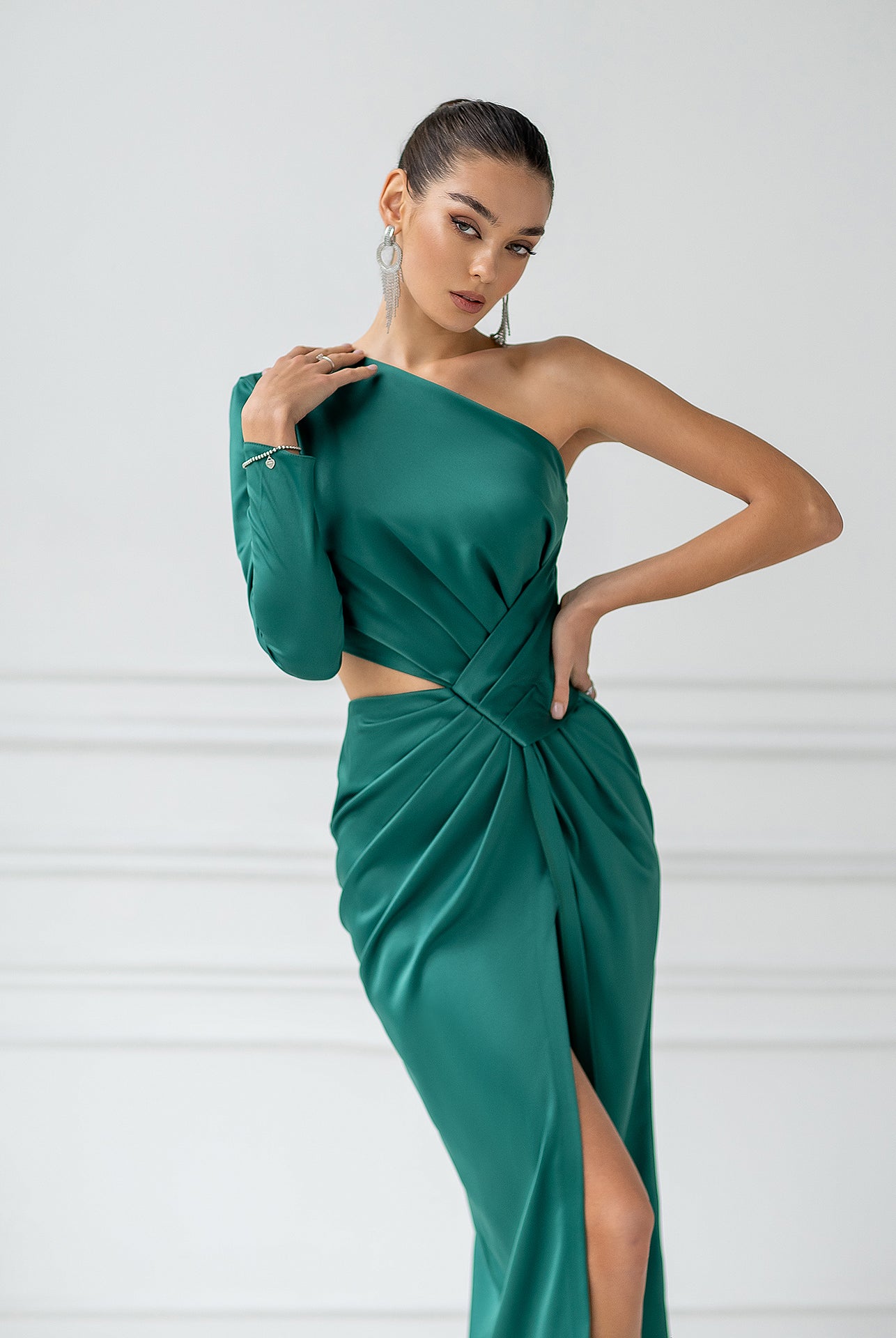 Emerald Satin One-Shoulder Cut-Out Midi Dress