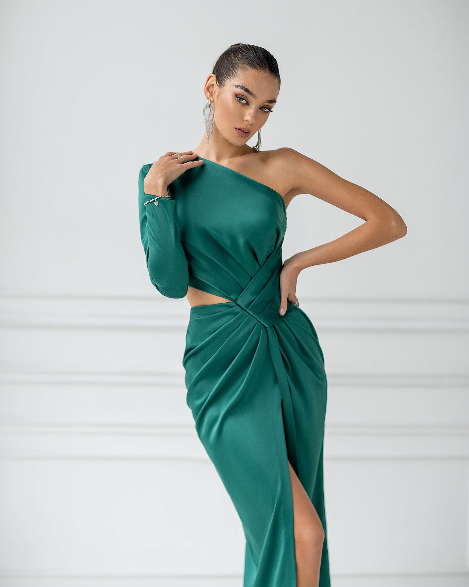 Emerald Satin One-Shoulder Cut-Out Midi Dress
