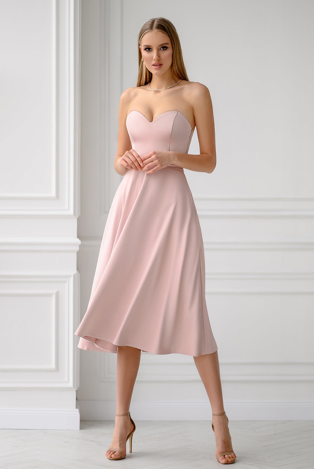 ELAGIA dusty pink satin corseted strapless dress front view - purple business suit women formal evening wear