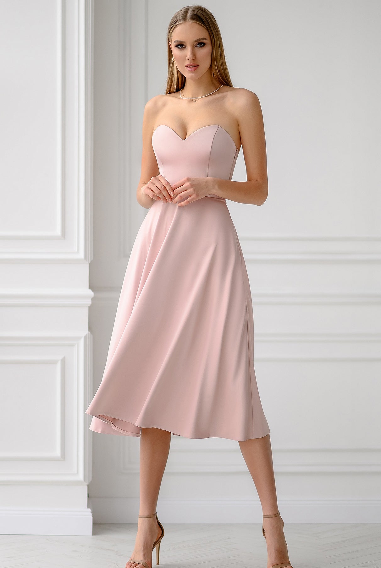 ELAGIA dusty pink satin corseted strapless dress model wearing - 3 piece women's suit style evening dress