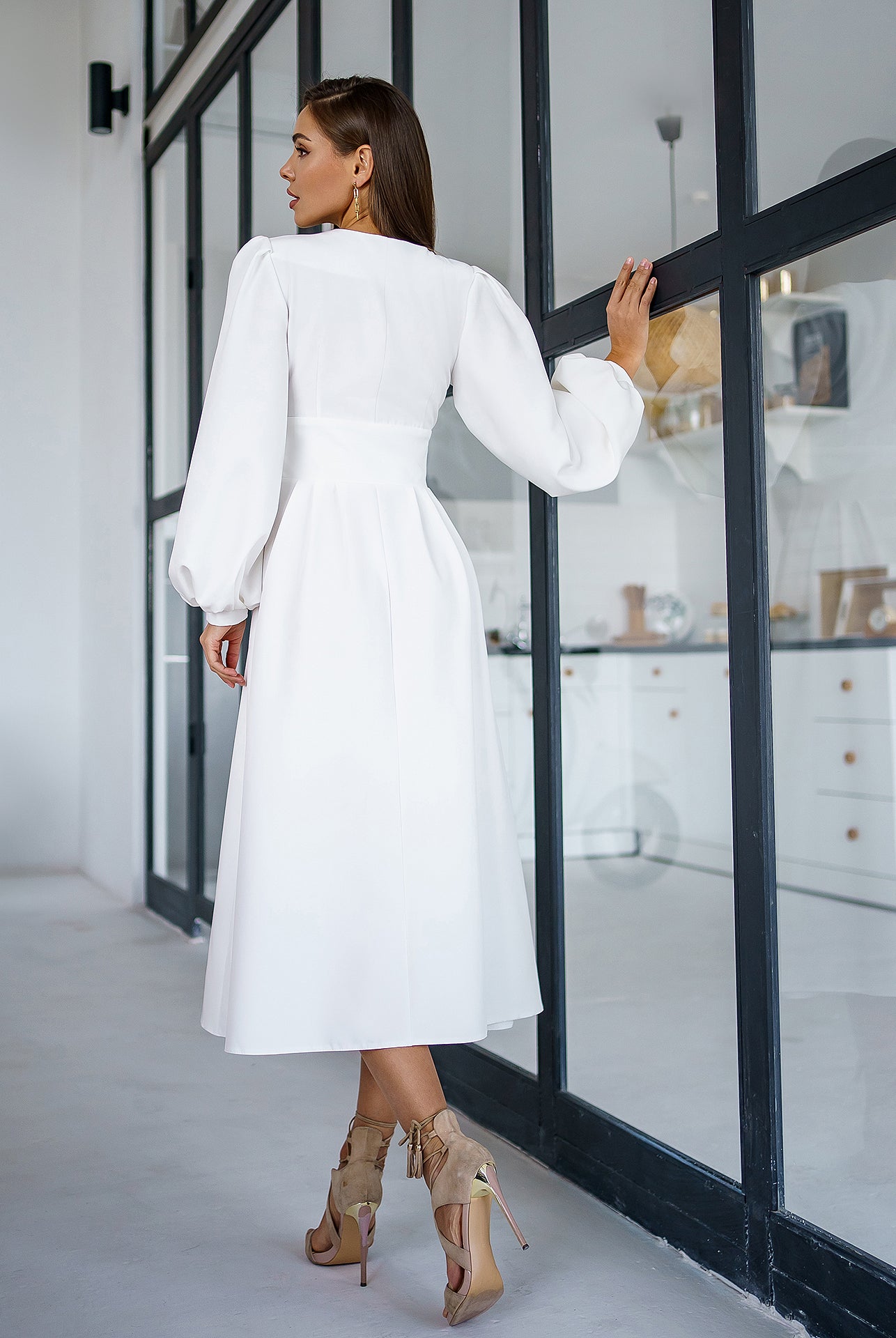 White V-Neck Puff-Sleeve Midi Dress