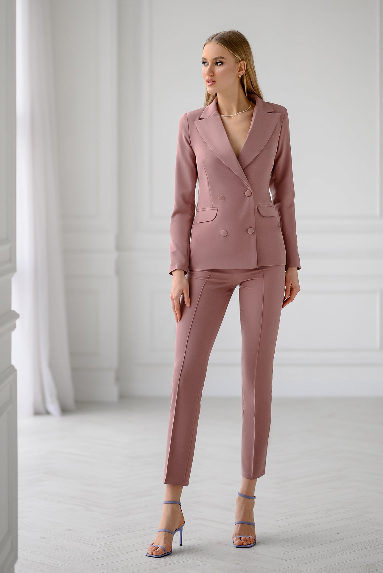 ELAGIA Mocco Double Breasted Suit 2-Piece pants detail - purple business suit women's tailored trousers closeup
