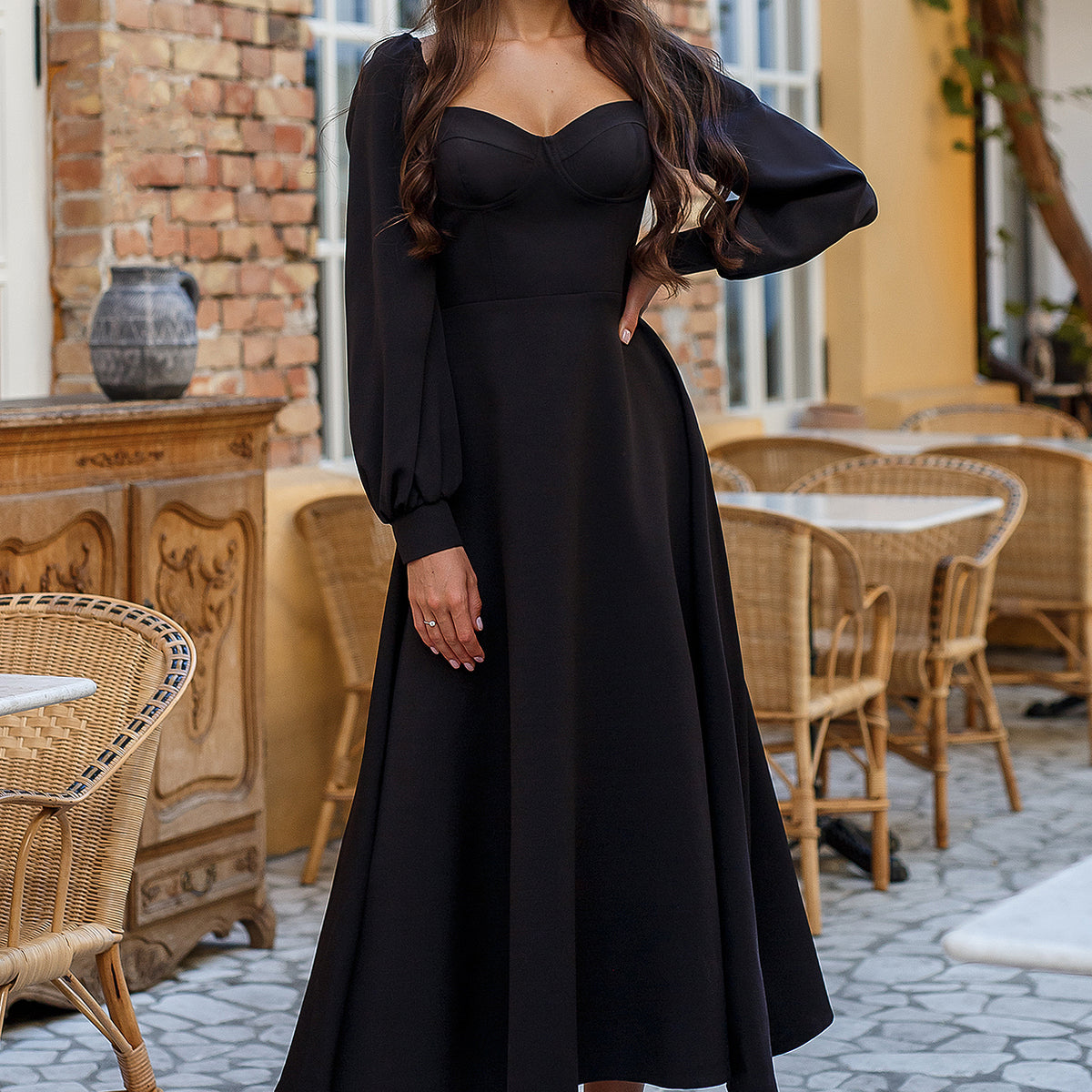 Black Puff-Sleeve Midi Dress | ELAGIA Black / XS Black Puff-Sleeve Midi Dress | ELAGIA Black / XS