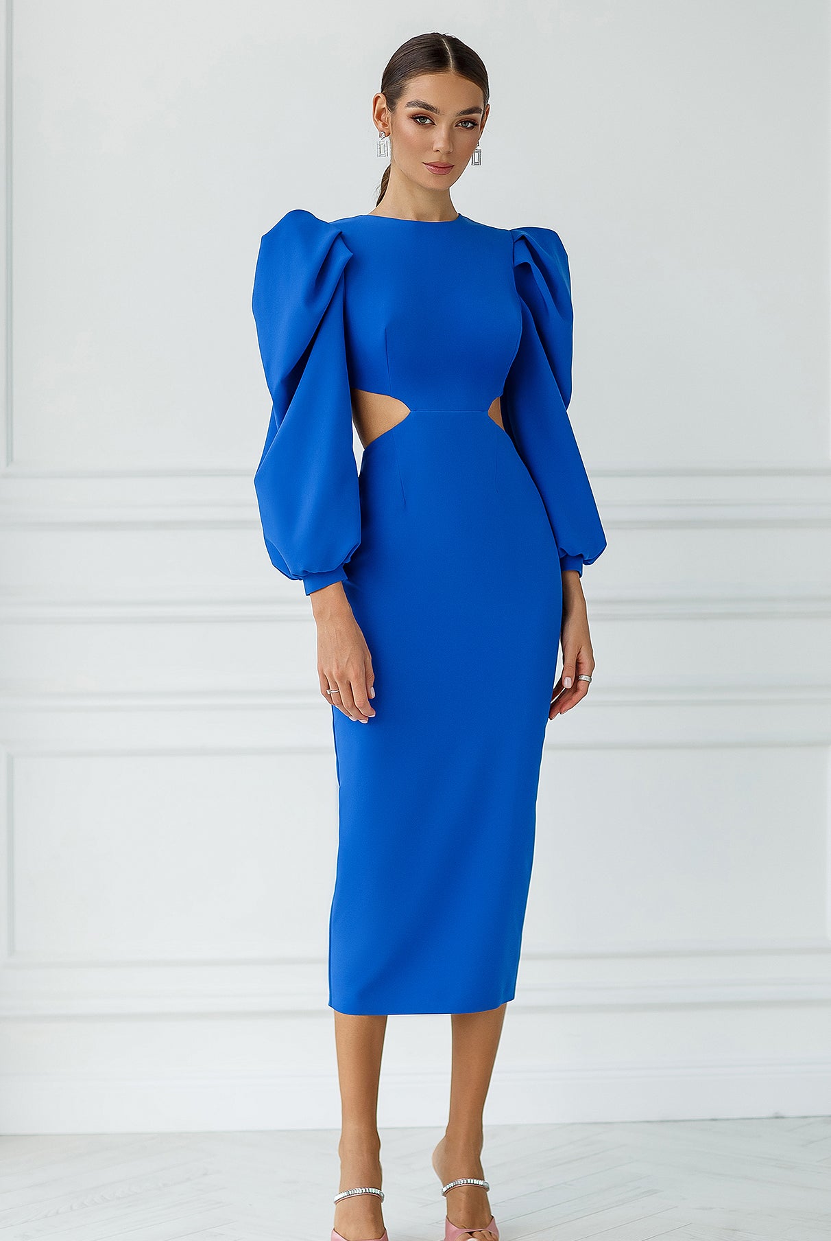 ELAGIA blue backless cut-out puff-sleeve midi dress full length styled shot - purple business suit women vibe