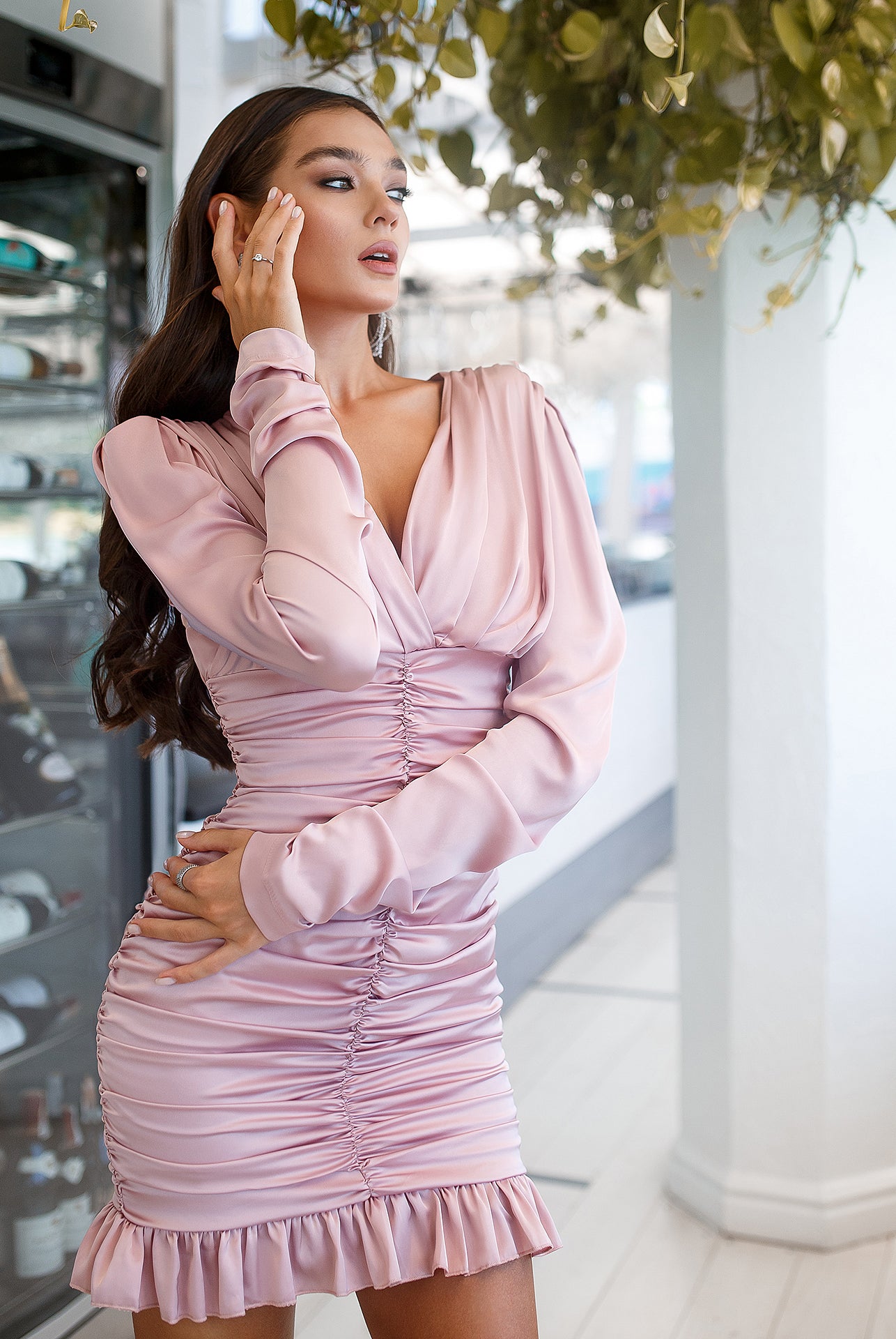 ELAGIA dusty pink long sleeve ruched mini dress - close-up texture, 3 piece women's suit silhouette