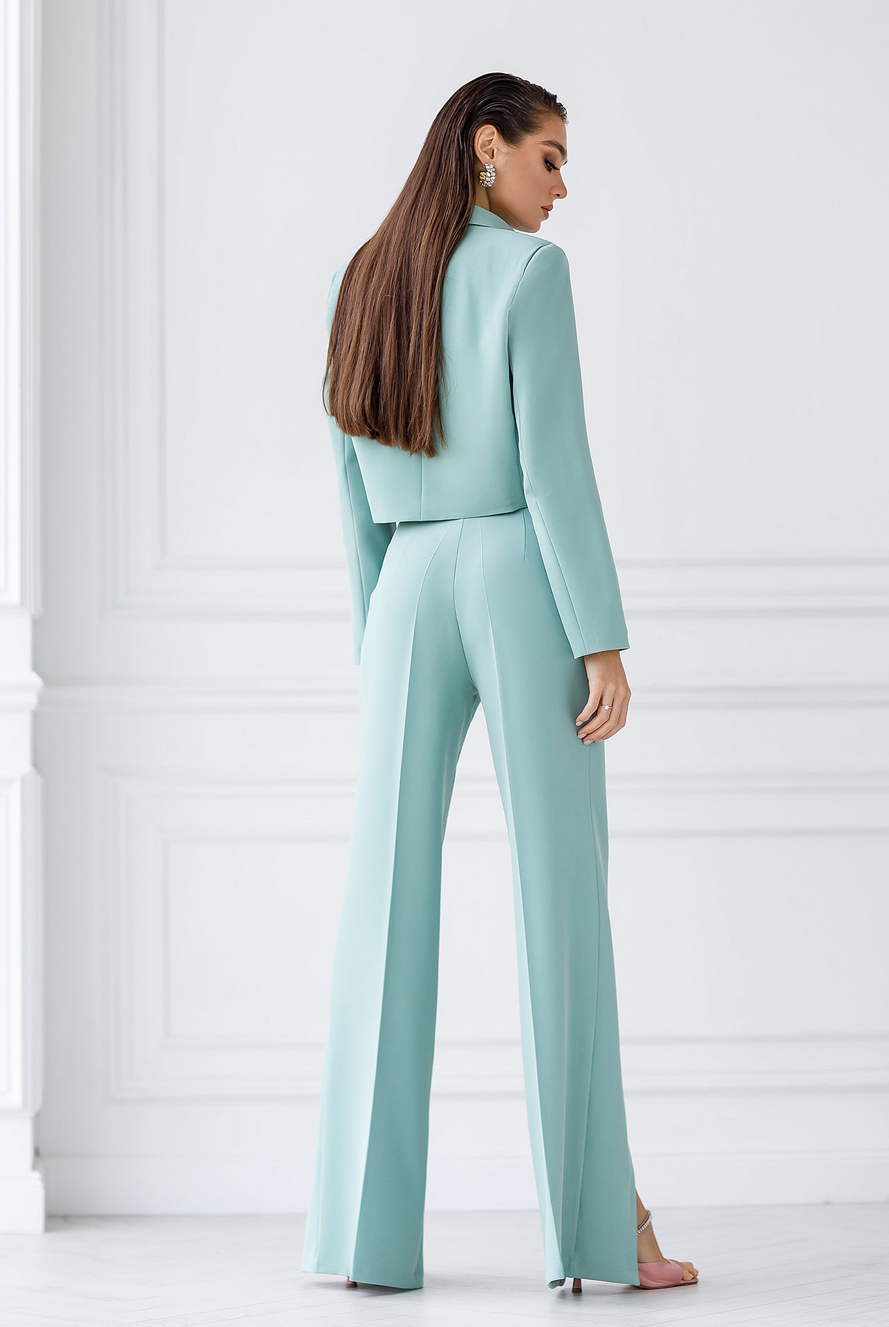 ELAGIA Olive Crop Jacket Suit 2-Piece lifestyle shot demonstrating perfect purple business suit women fit