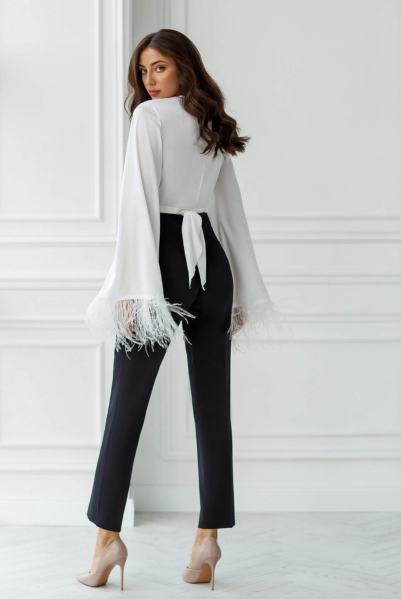 ELAGIA white silk feather sleeve blouse side angle highlighting silk texture - white suit for women womens white suit
