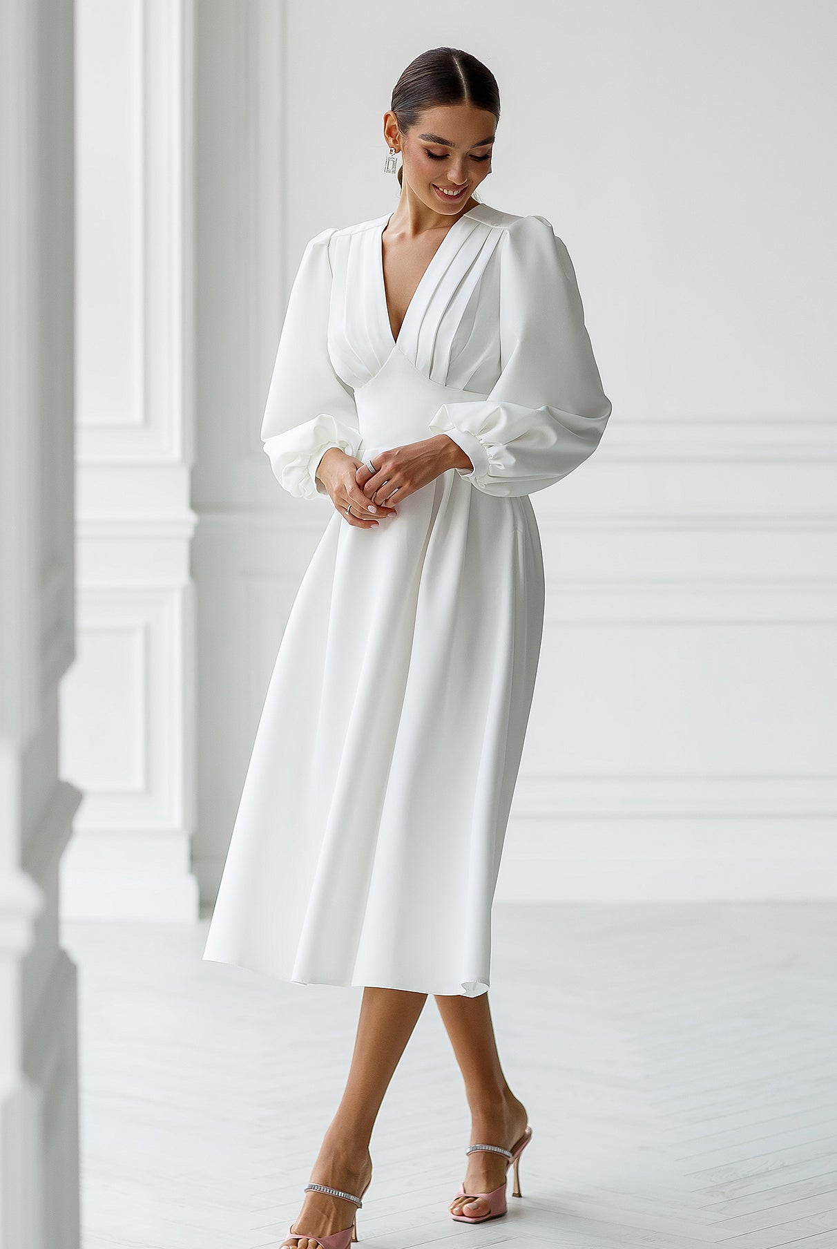 White V-Neck Puff-Sleeve Midi Dress