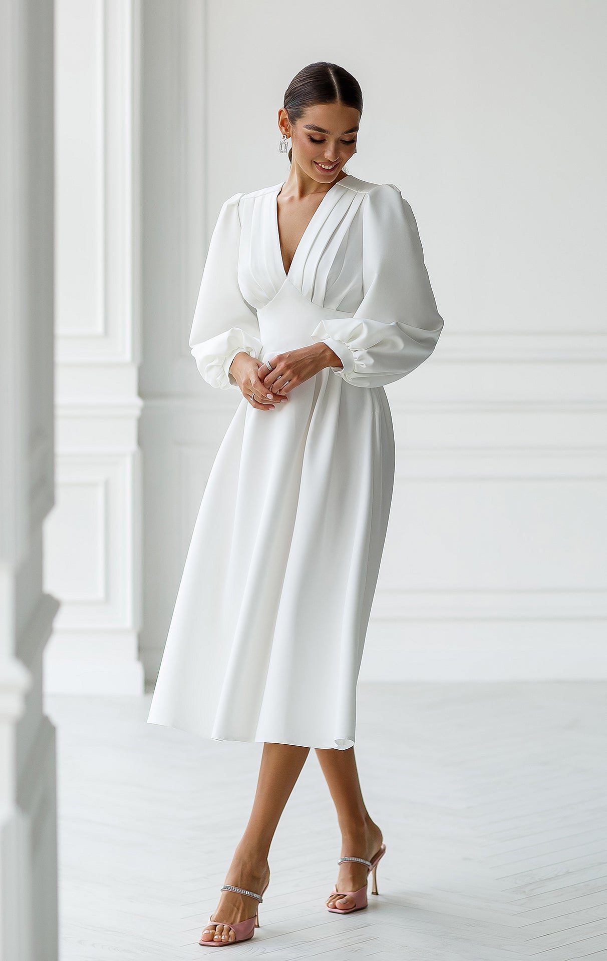 White V-Neck Puff-Sleeve Midi Dress