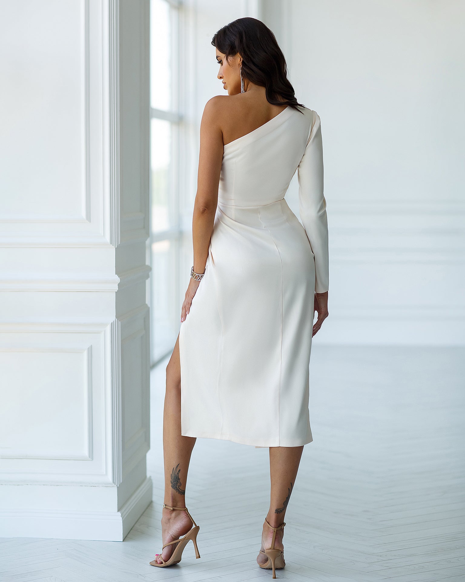 White Satin One-Shoulder Cut-Out Midi Dress