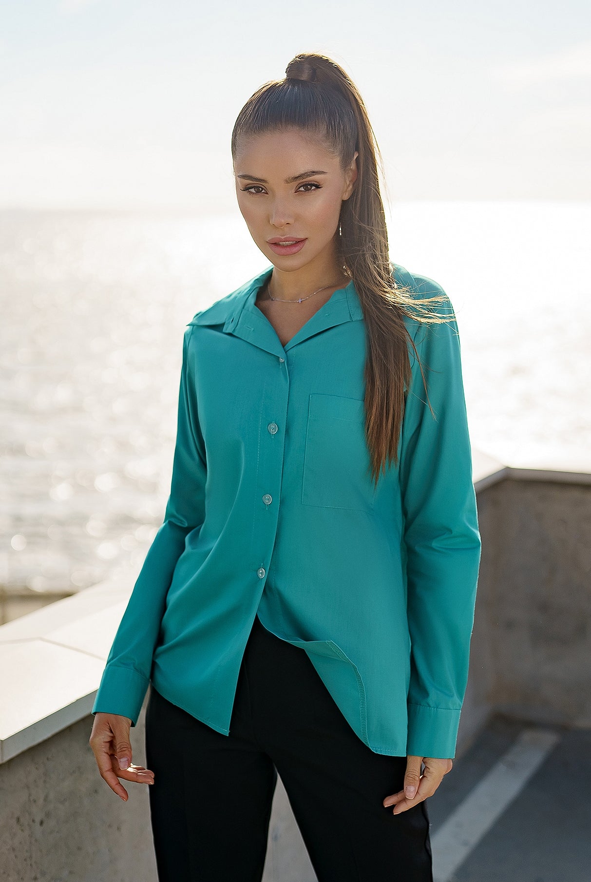 ELAGIA Green Basic Shirt sleeve detail showcasing green business suit blouse construction and finish