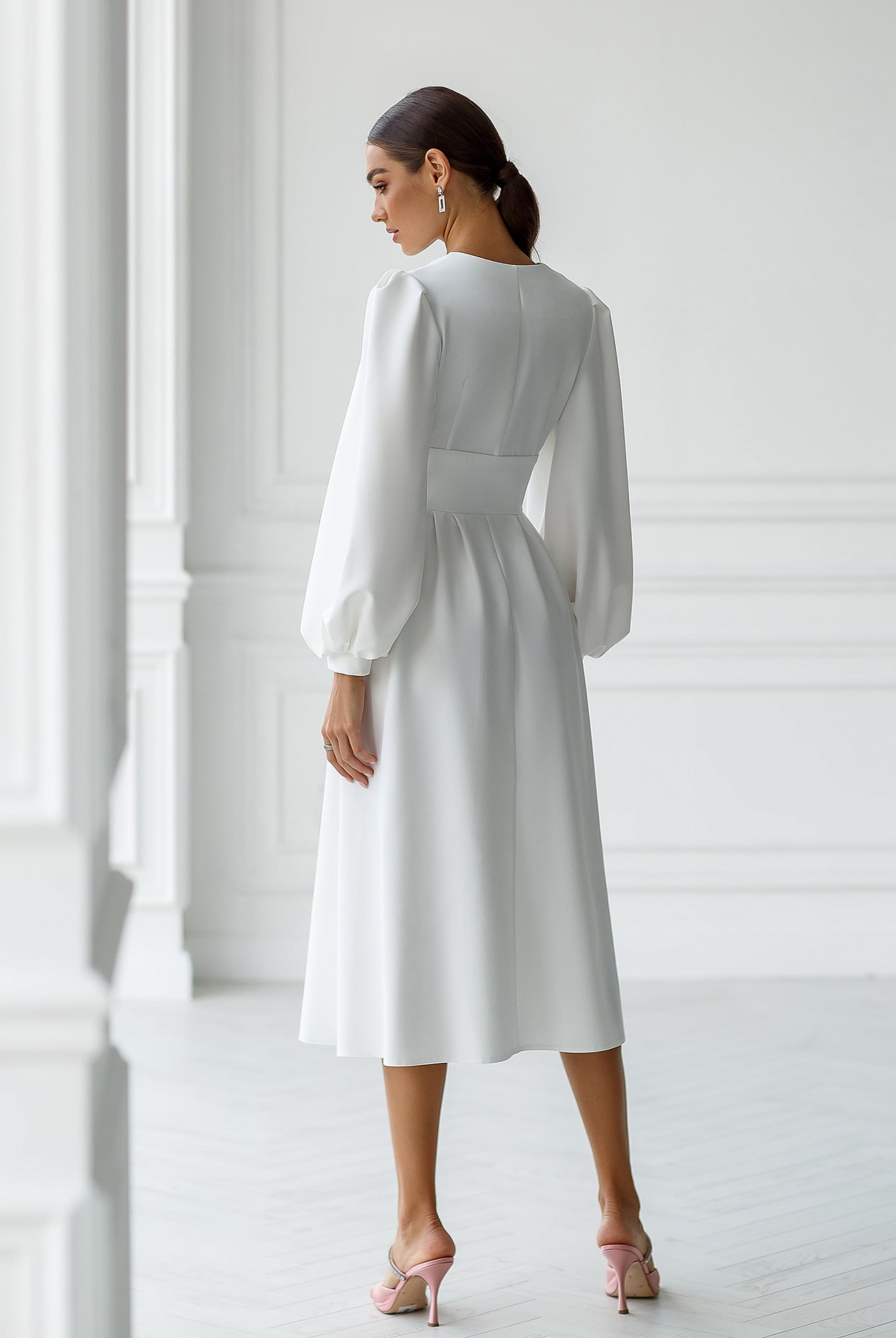White V-Neck Puff-Sleeve Midi Dress