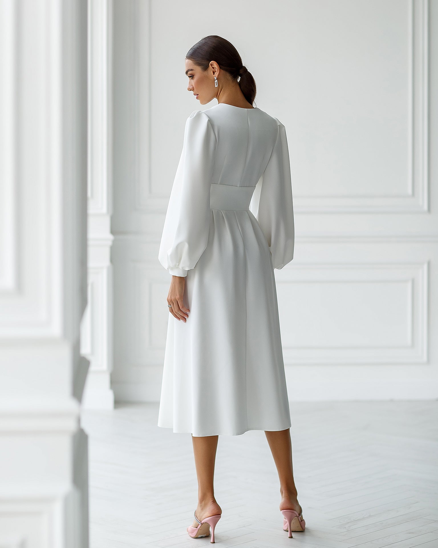 White V-Neck Puff-Sleeve Midi Dress