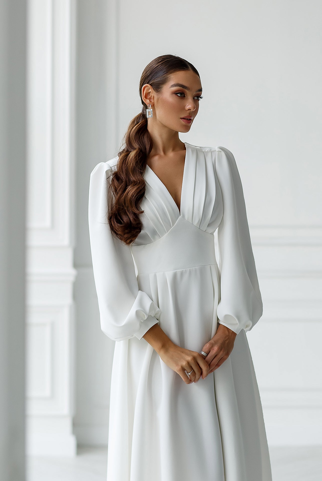 White V-Neck Puff-Sleeve Midi Dress