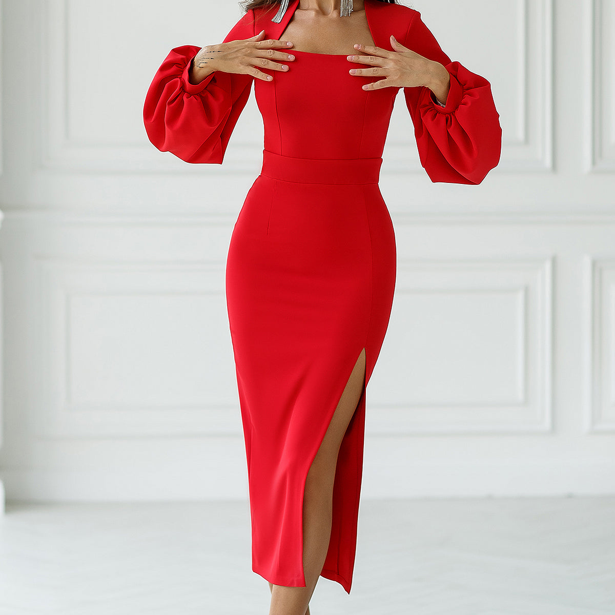 knee length dresses for ladies Red Square Neck Puff Midi