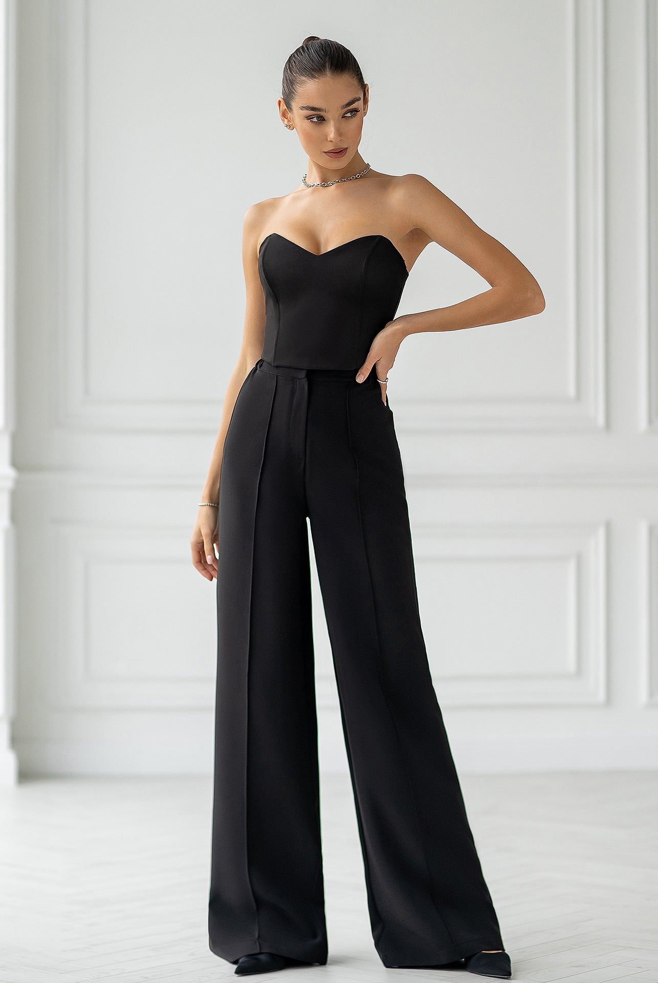 ELAGIA black high waisted regular fit pants - side angle detail of 3 piece women's suit trousers with clean lines