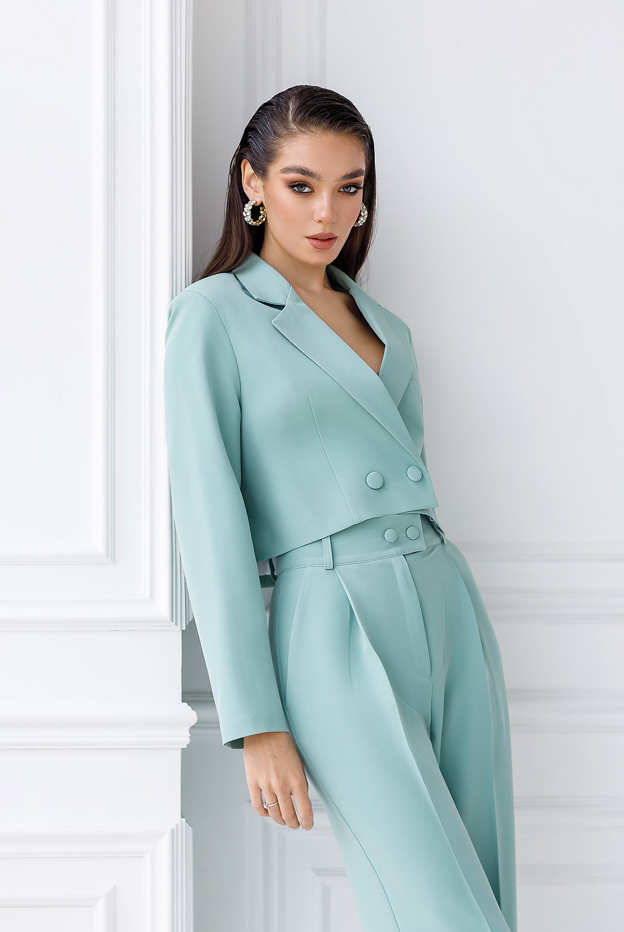 ELAGIA Olive Crop Jacket Suit 2-Piece front view - purple business suit women professional blazer and pants set