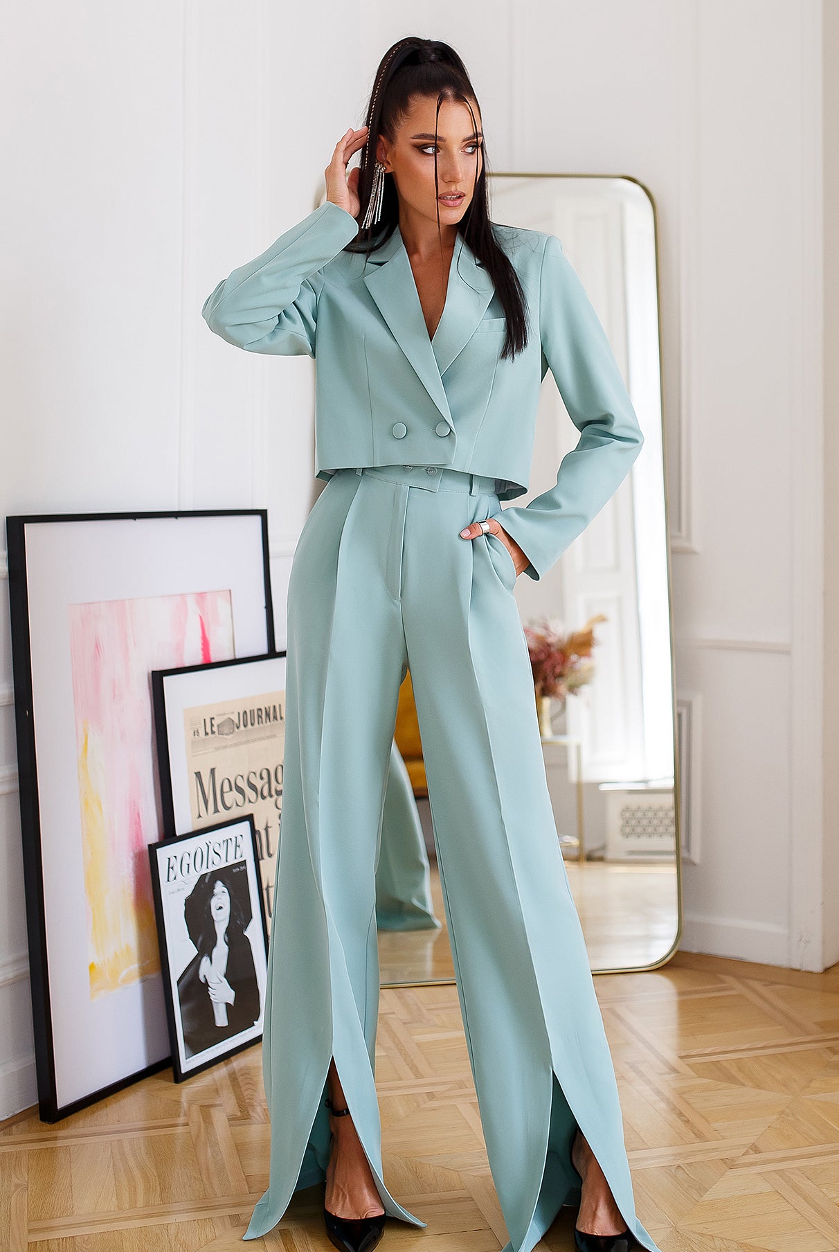 ELAGIA Olive Crop Jacket Suit 2-Piece back view showing tailored fit - 3 piece women's suit style blazer details