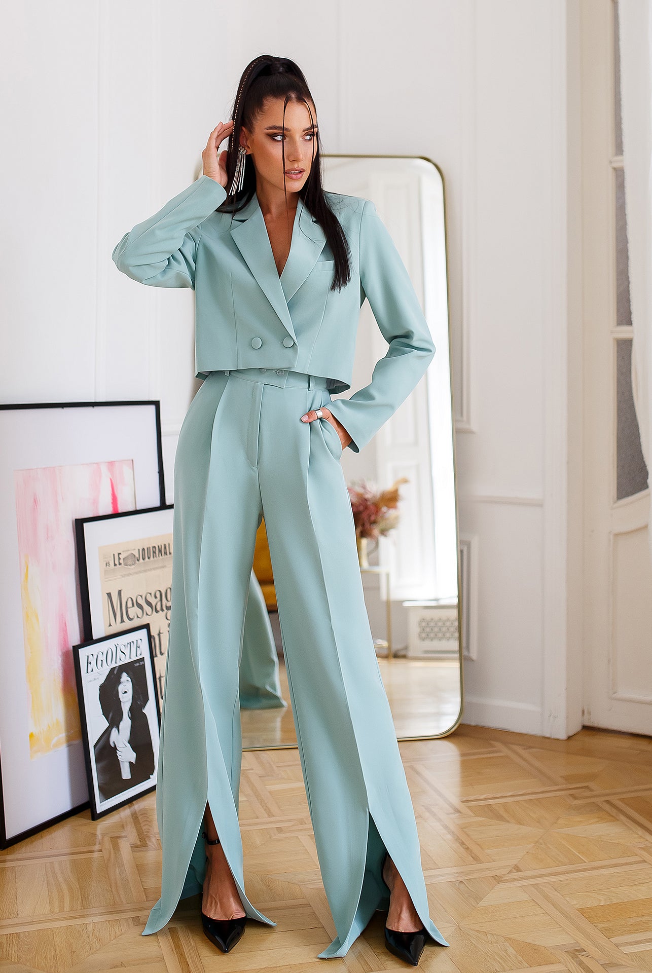 ELAGIA olive green crop jacket suit 2-piece front view - professional 3 piece women's suit business attire