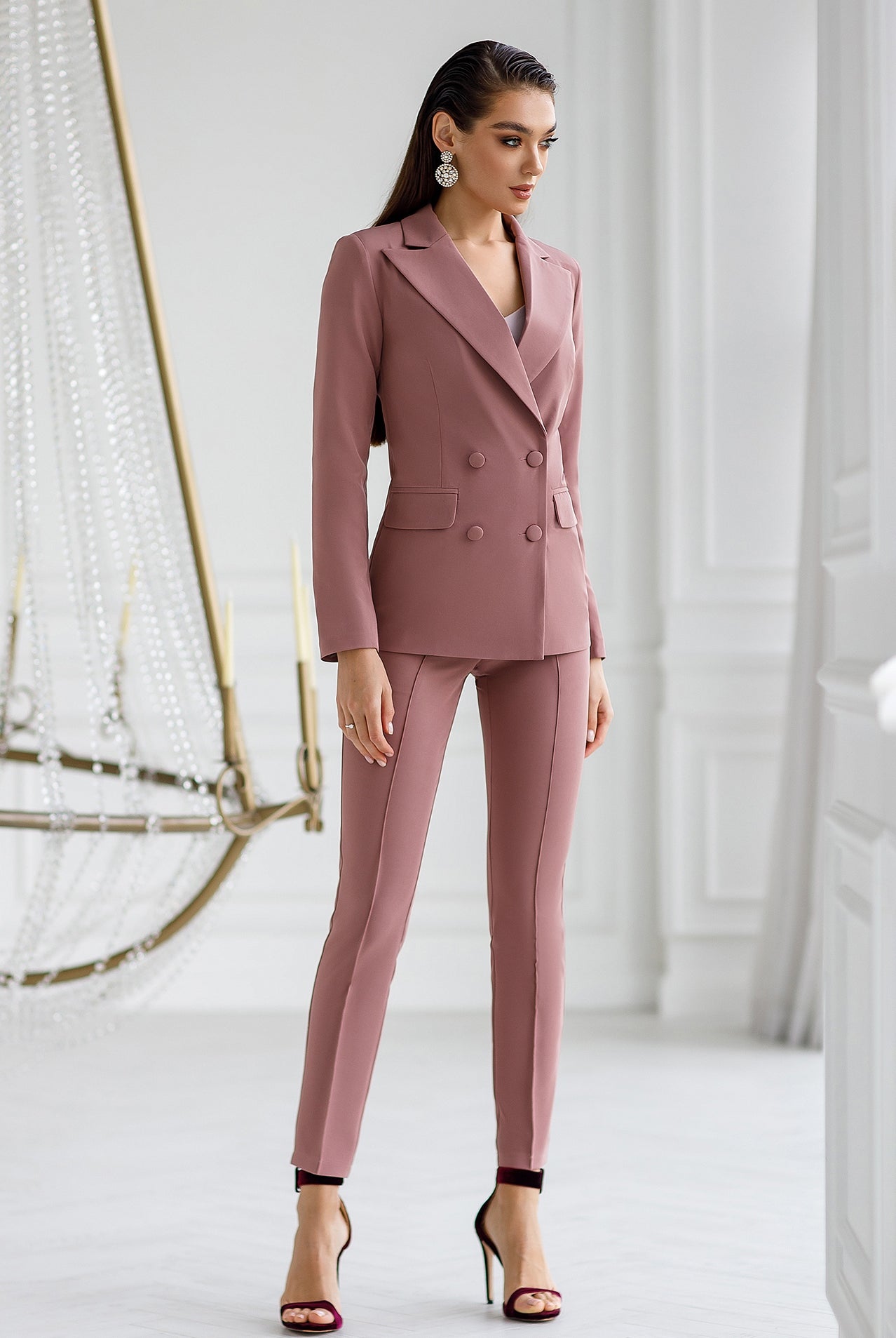 ELAGIA mocco double breasted 2-piece women's suit front view - 3 piece women's suit in neutral tone