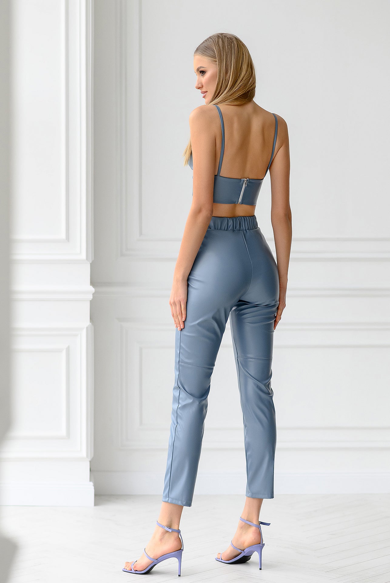 ELAGIA light blue suit women vegan leather crop top close-up of fabric texture and button details