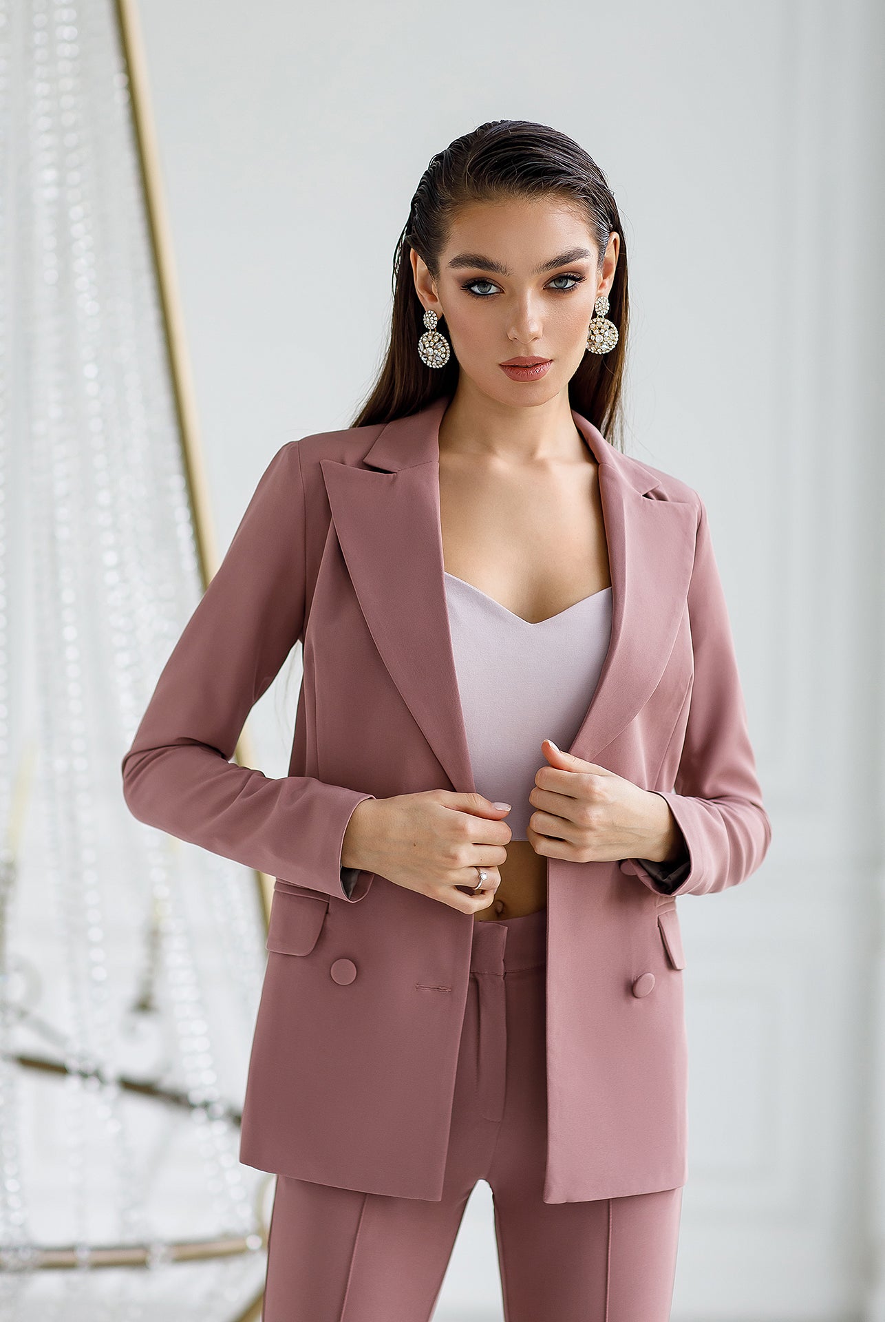 ELAGIA mocco double breasted suit pants detail - complete purple business suit women trouser fit