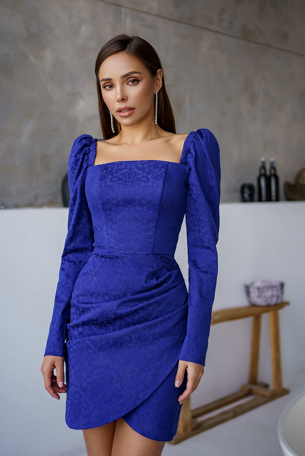 Blue Square Neck Long Sleeve Mini Dress - back view | ELAGIA