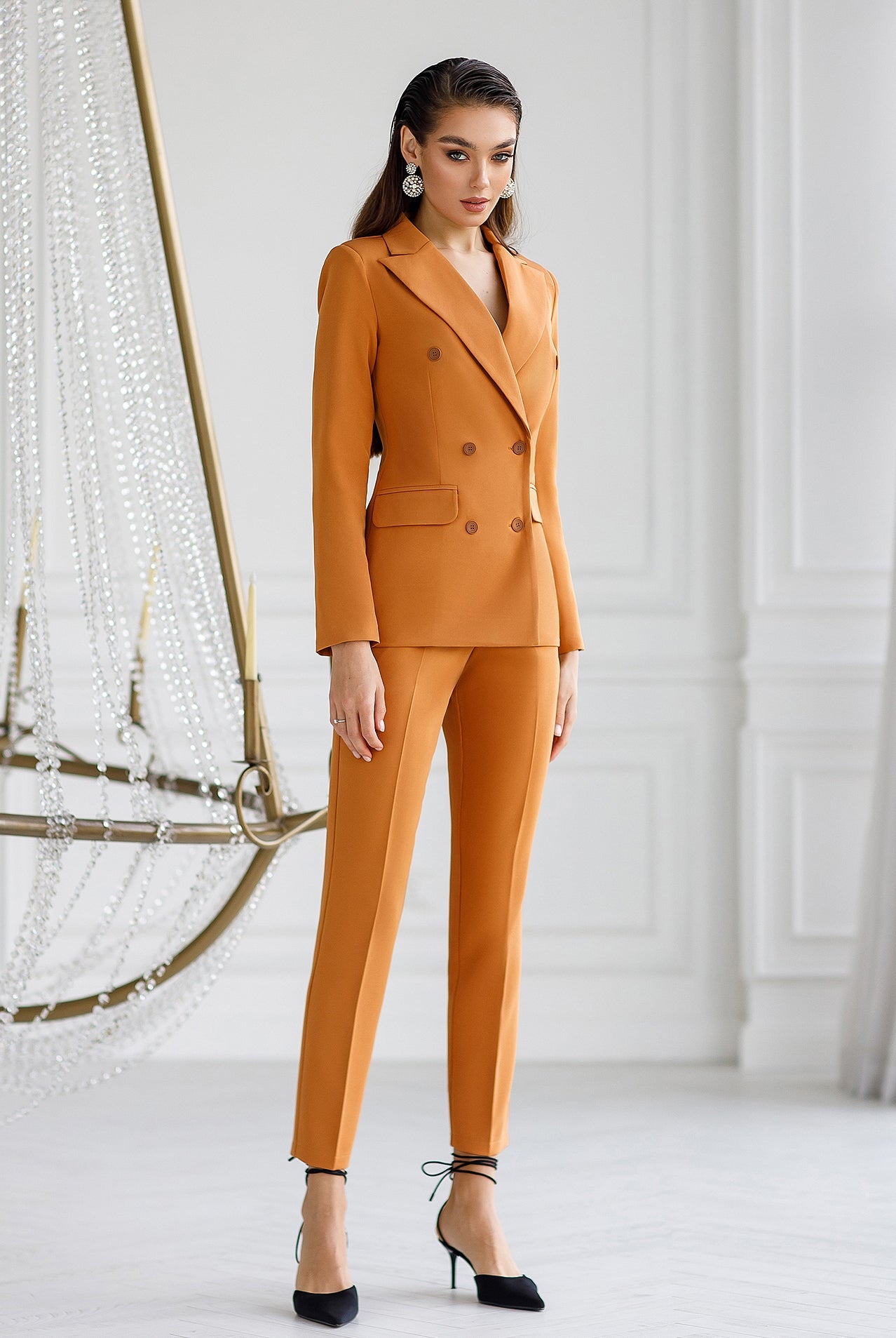 ELAGIA camel double breasted blazer and trouser 2-piece women's business suit, front view professional outfit