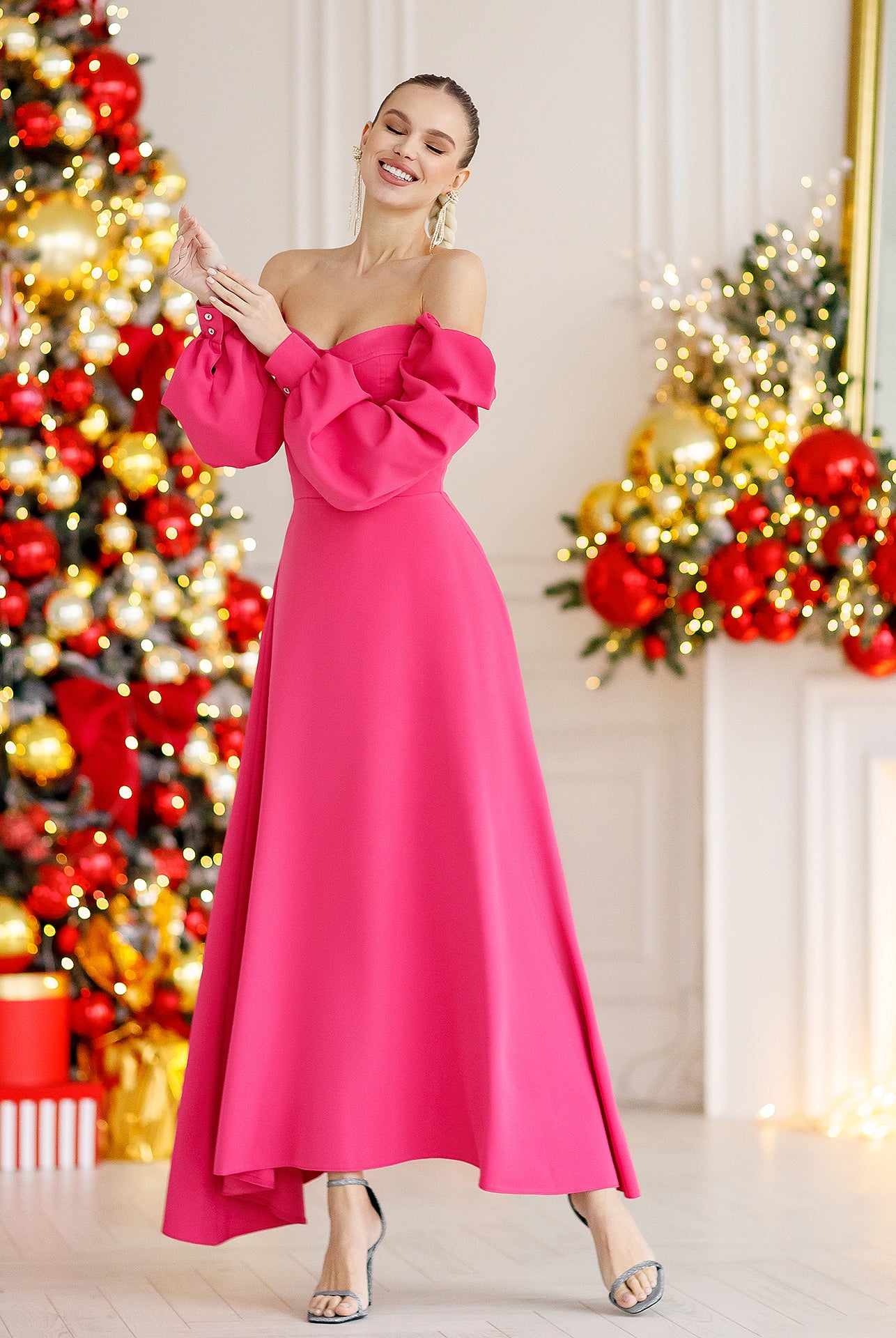 ELAGIA crimson puff-sleeve midi dress neckline detail - classic collar 3 piece women's suit inspired neckline