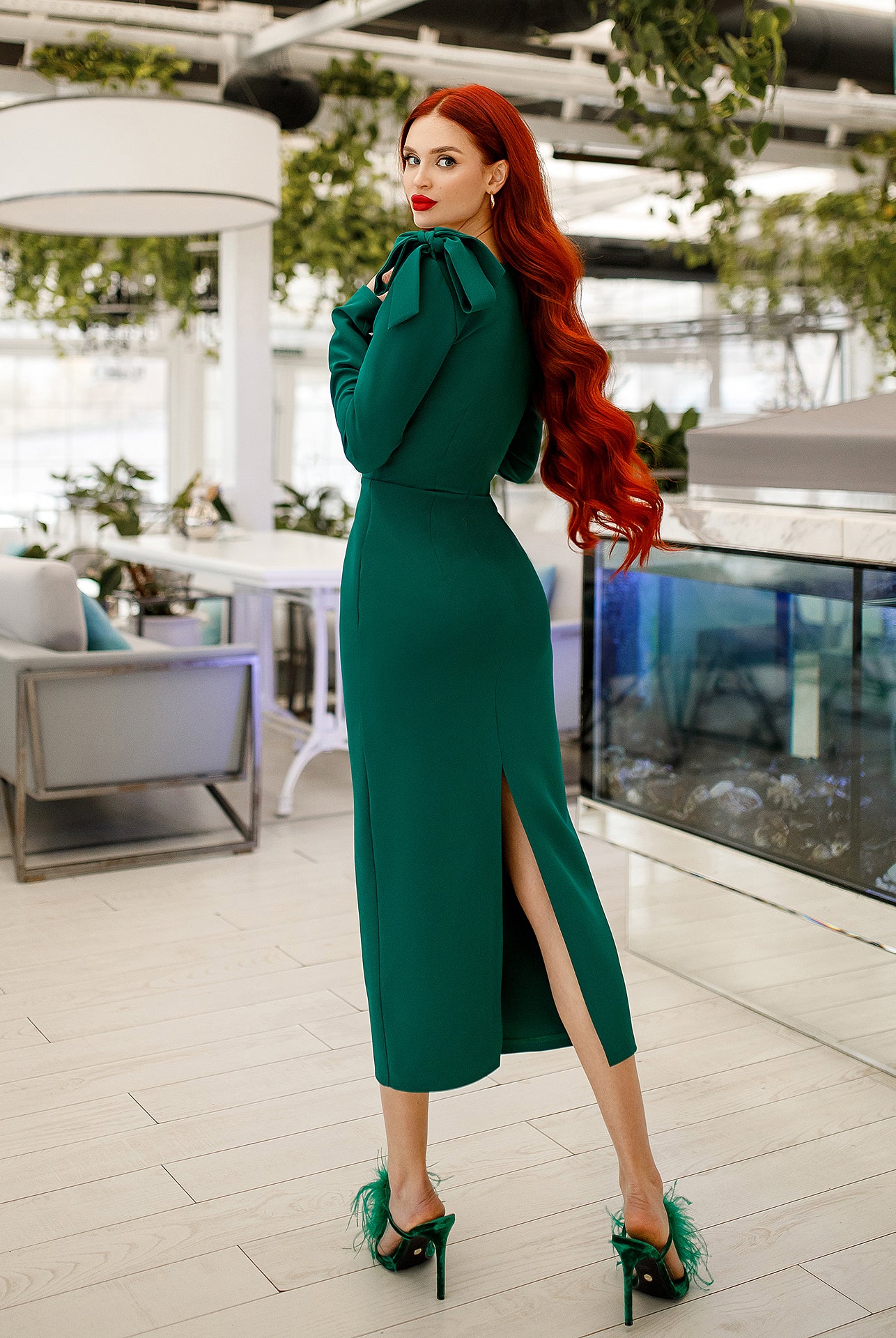 Emerald Sweetheart Bow Shoulder Midi Dress - view 8 | ELAGIA