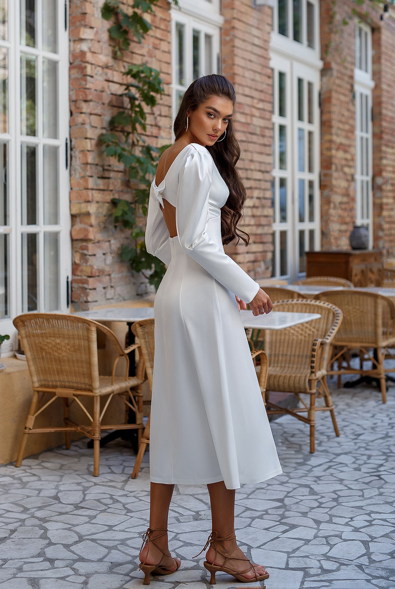 White Satin Bow Back Midi Dress