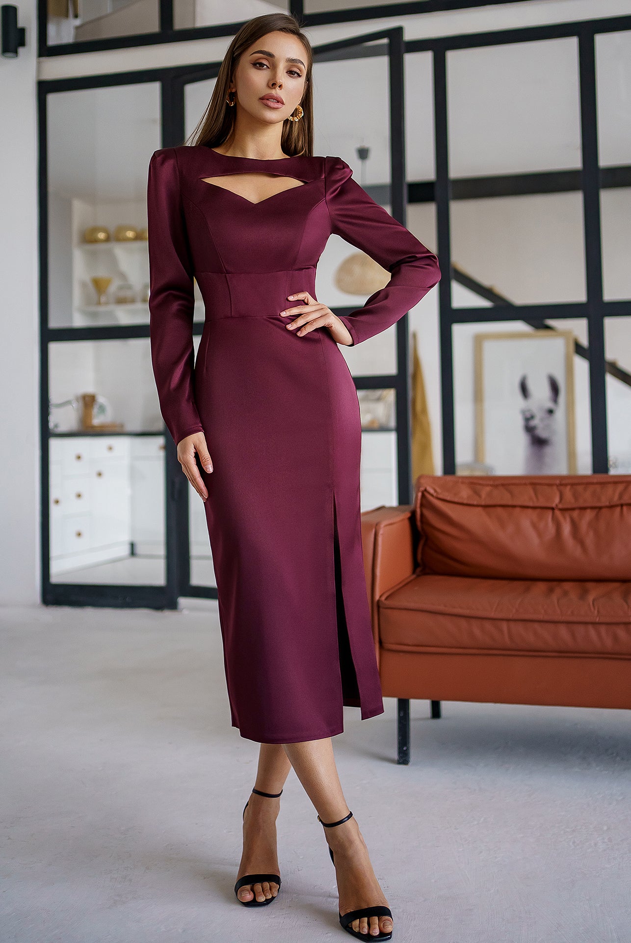 Bordeaux Satin Long Sleeve Midi Dress