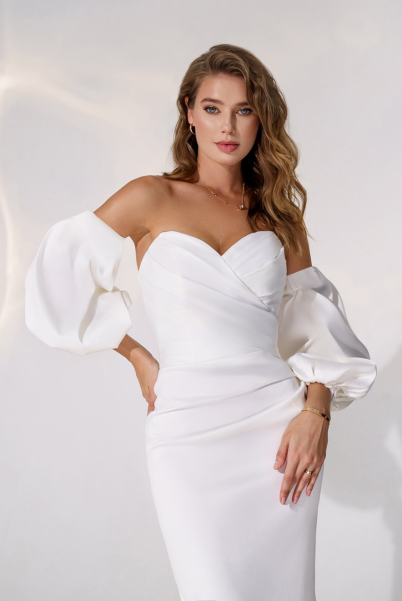ELAGIA white satin sweetheart puff-sleeve midi dress front view - 3 piece women's suit purple business suit women
