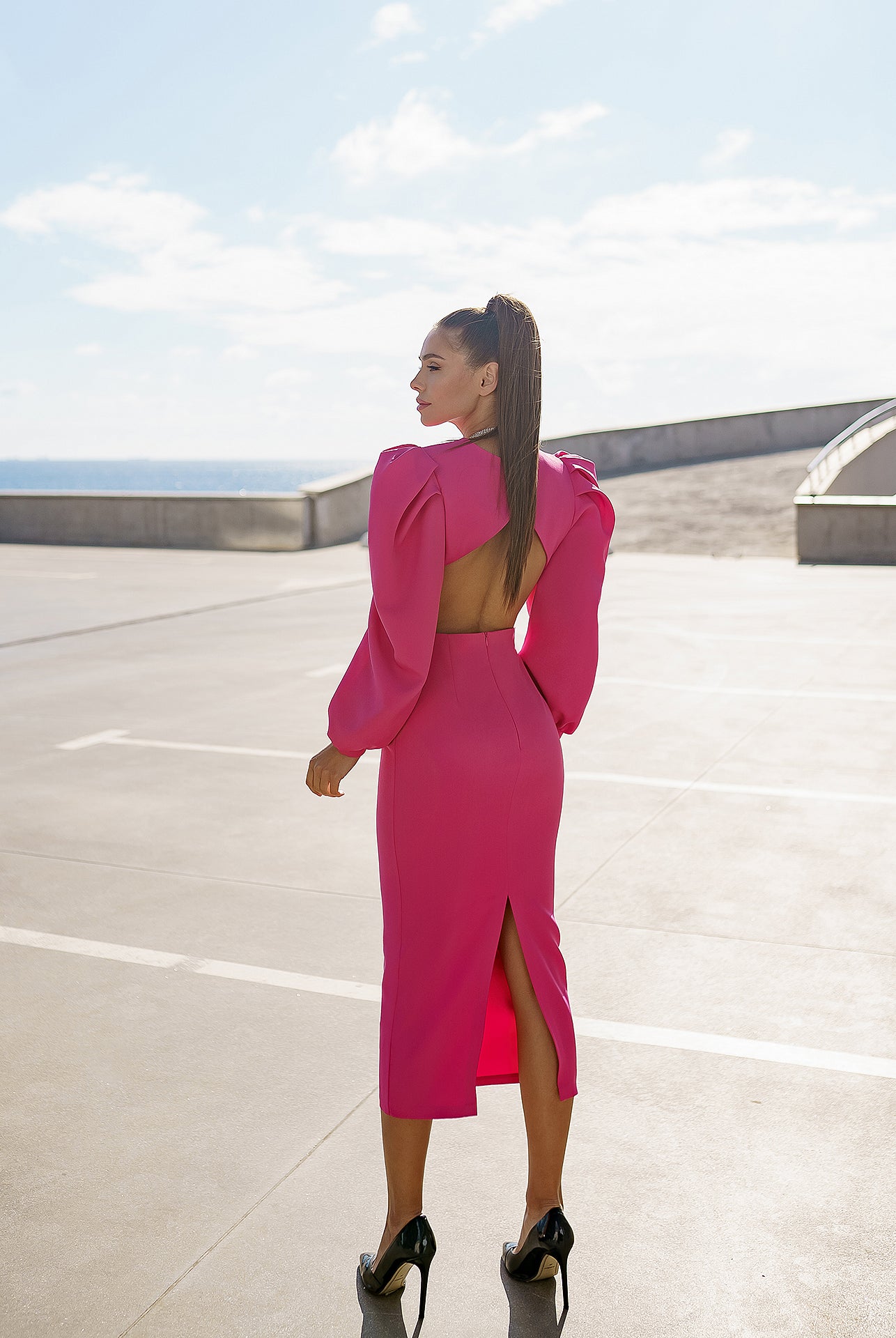 ELAGIA Crimson Backless Cut-Out Puff-Sleeve Midi Dress side angle highlighting puff sleeves - 3 piece women's suit