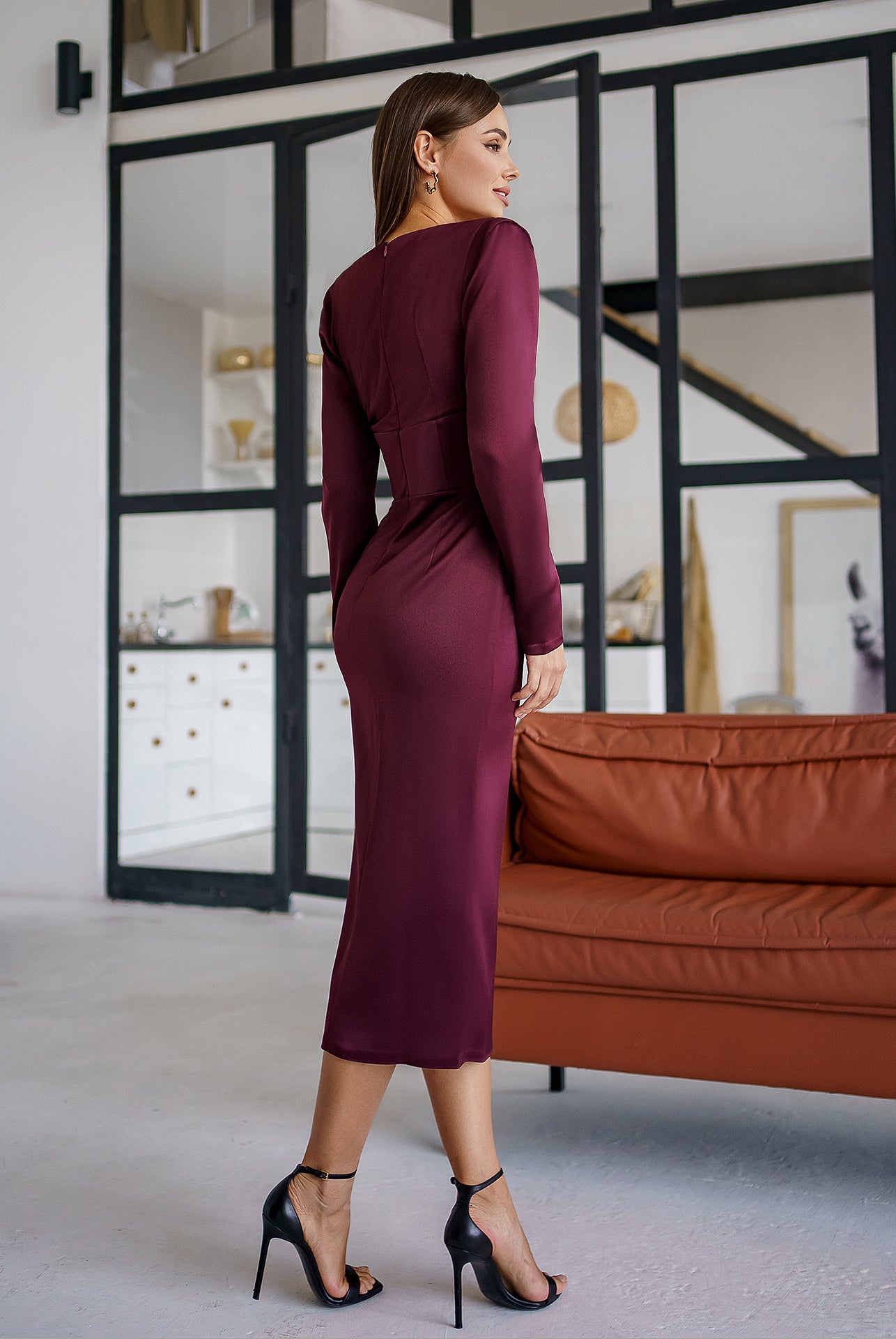 Bordeaux Satin Long Sleeve Midi Dress