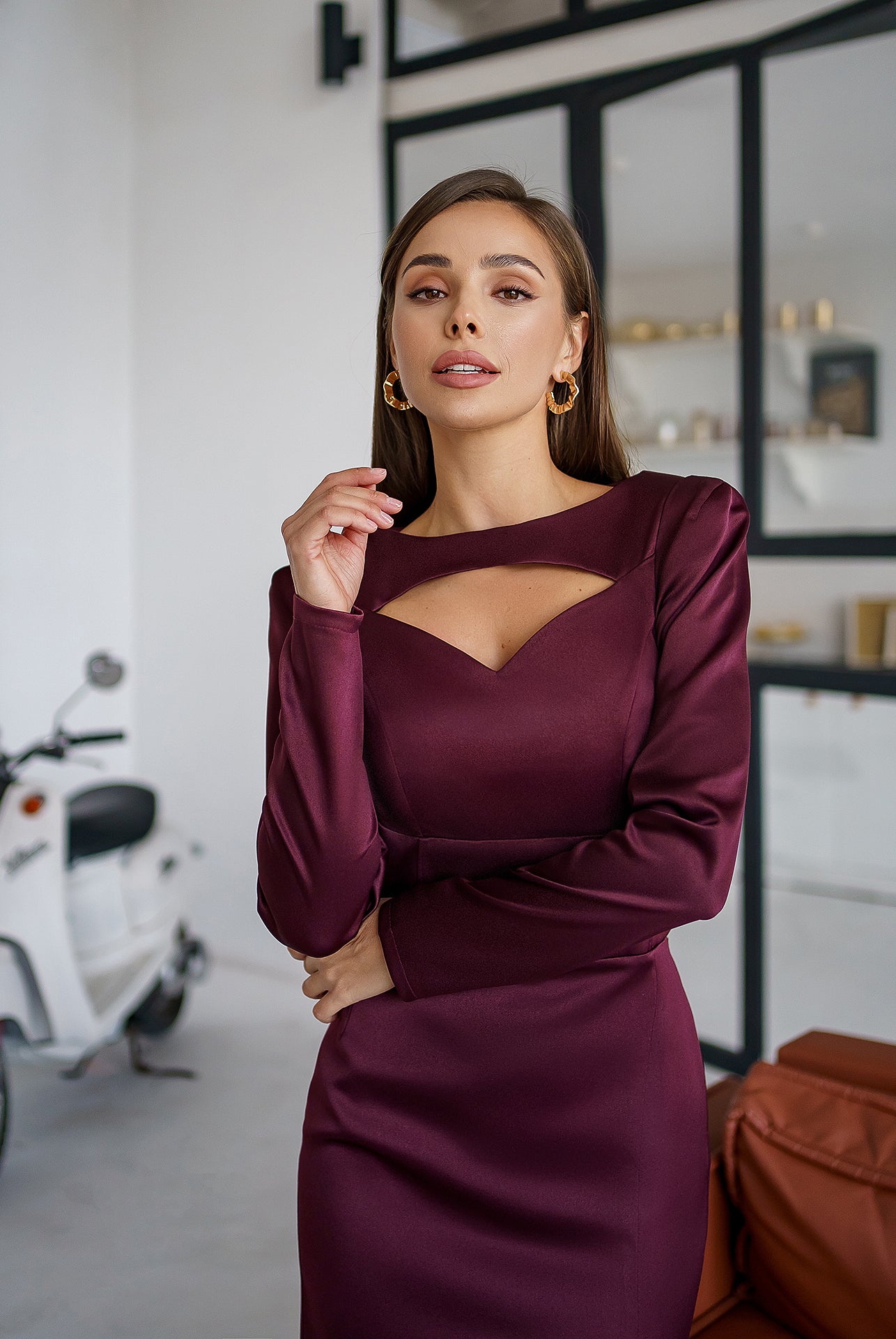 Bordeaux Satin Long Sleeve Midi Dress