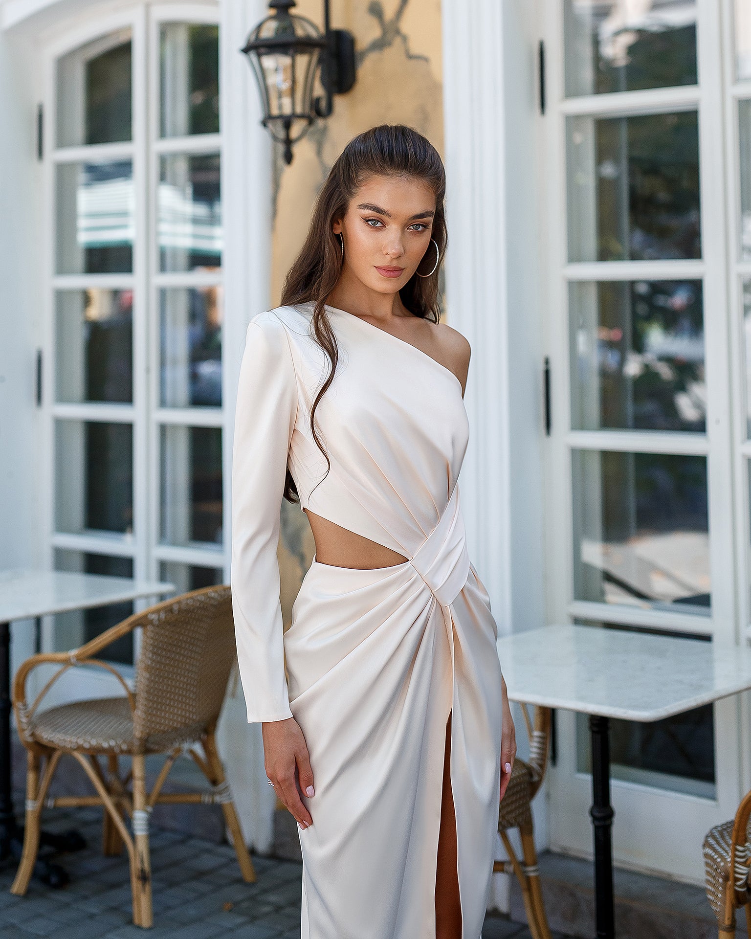 White Satin One-Shoulder Cut-Out Midi Dress