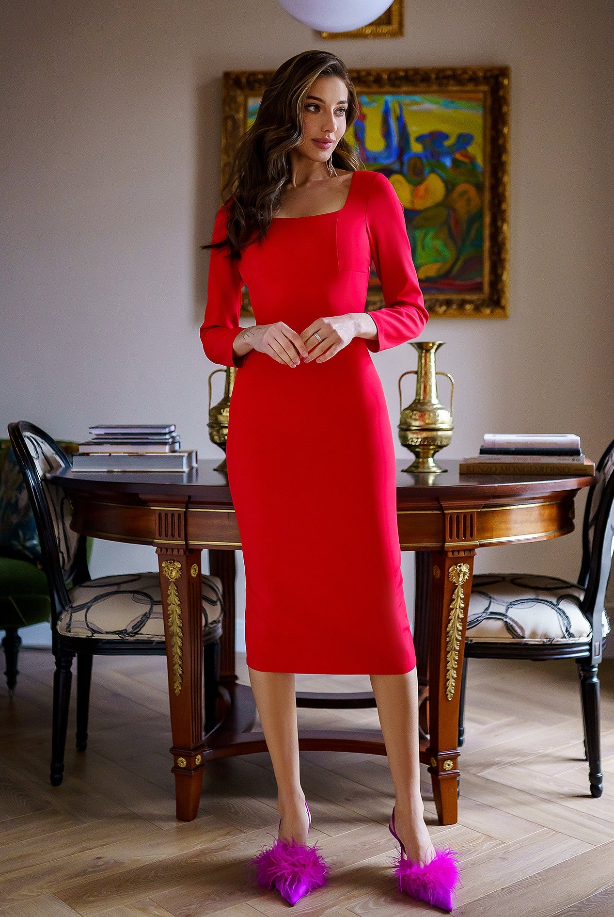 ELAGIA Red Square Neck Midi Dress - front view of bold 3 piece women's suit style dress in vibrant red