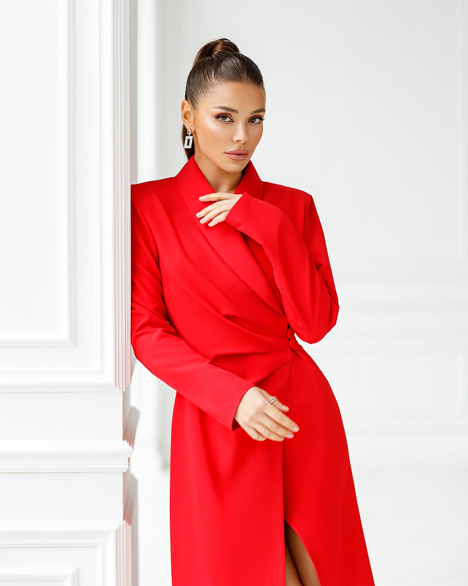 Red Collared Wrap Midi Dress
