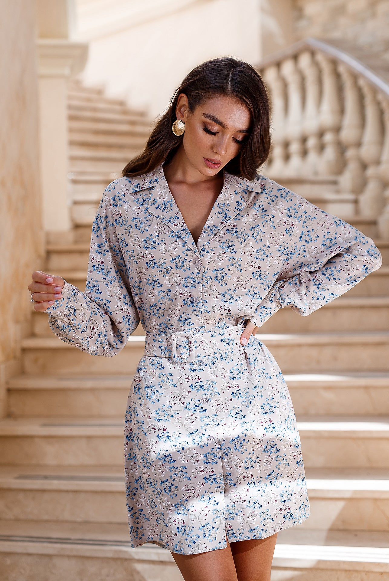 ELAGIA floral-print belted mini dress close-up of floral pattern and belt detail for 3 piece women's suit look