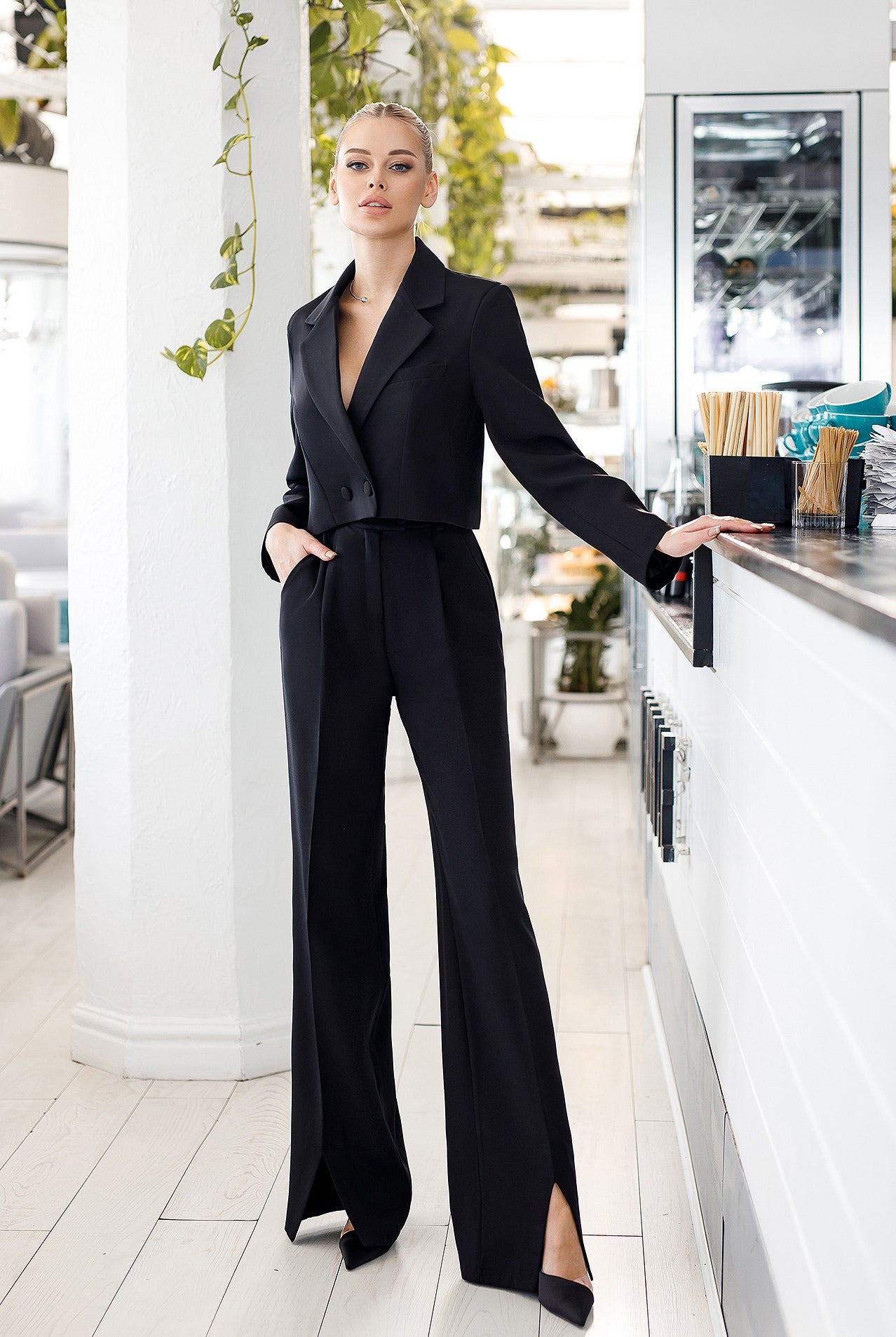 ELAGIA black crop jacket and pants 2-piece women's suit front view - 3 piece women's suit modern style
