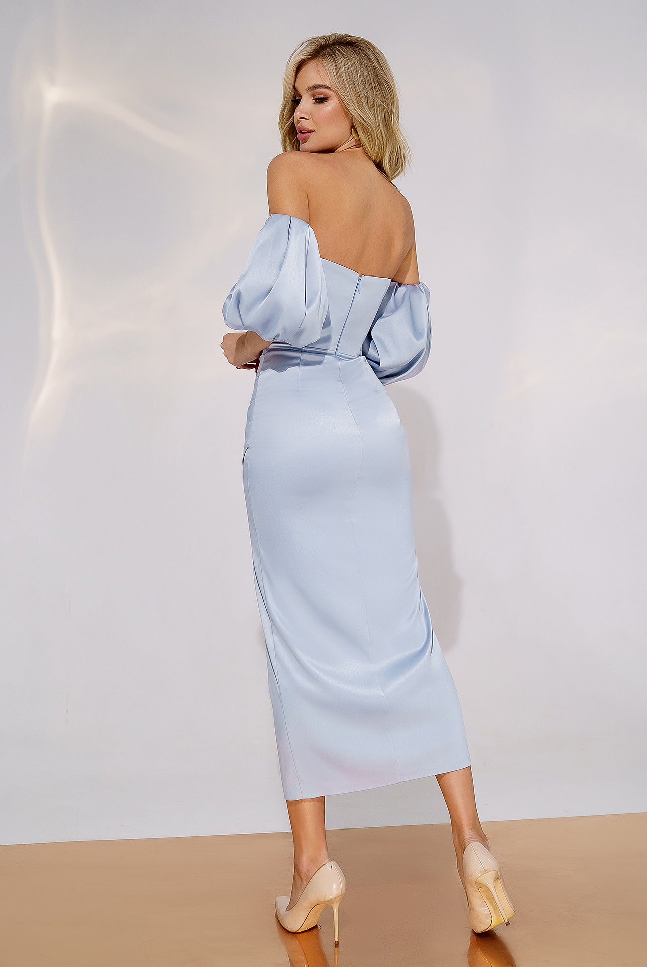 ELAGIA grey-blue satin midi dress close-up of puff sleeve construction, 3 piece women's suit purple business suit women