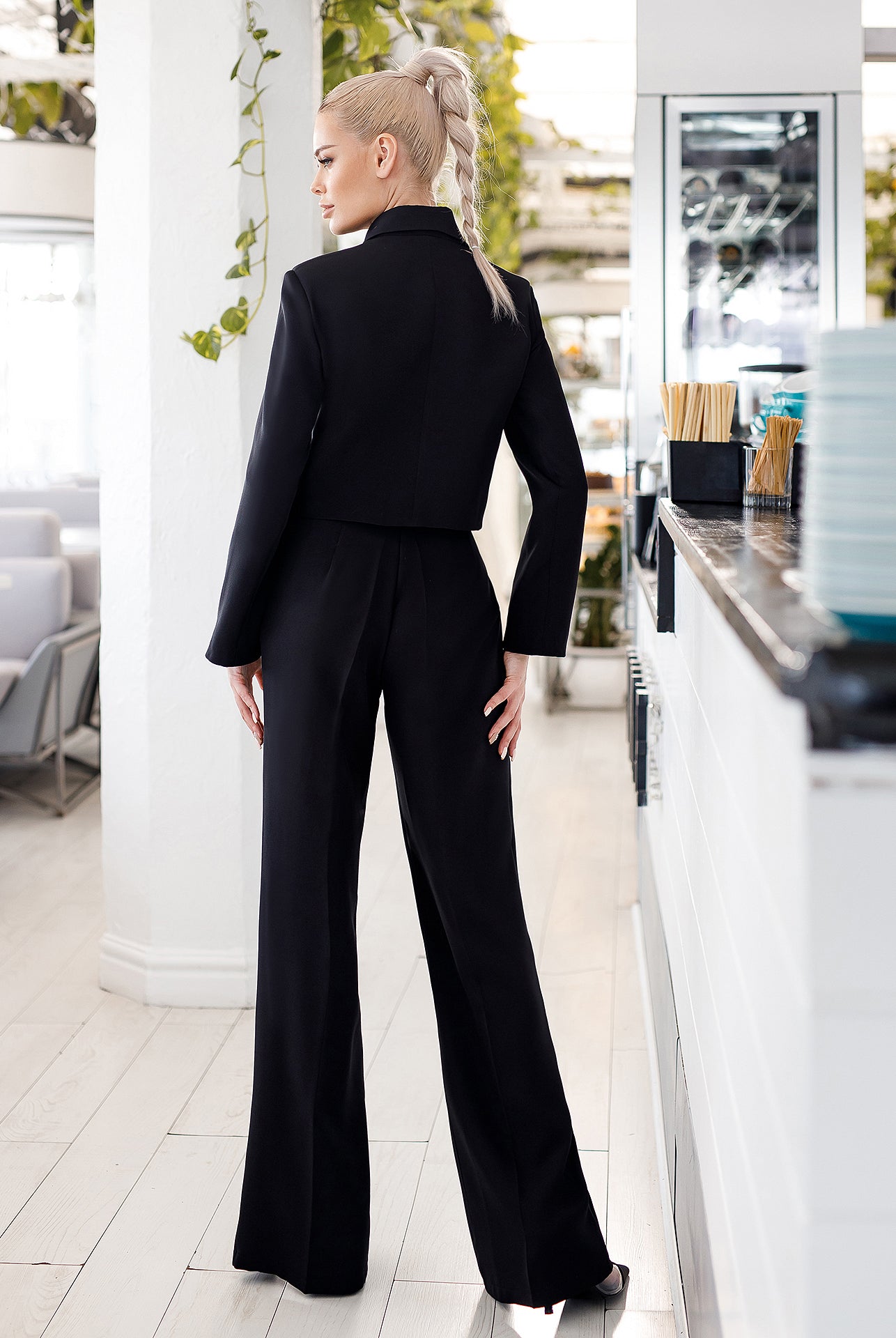 ELAGIA black crop jacket suit back view showing contemporary fit - purple business suit women alternative