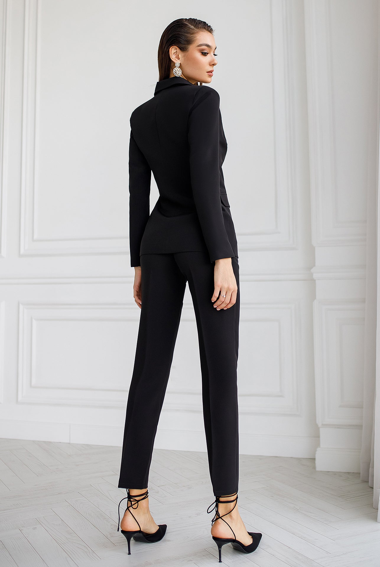 ELAGIA black double breasted suit 2-piece back view showing structured shoulders and tailored silhouette