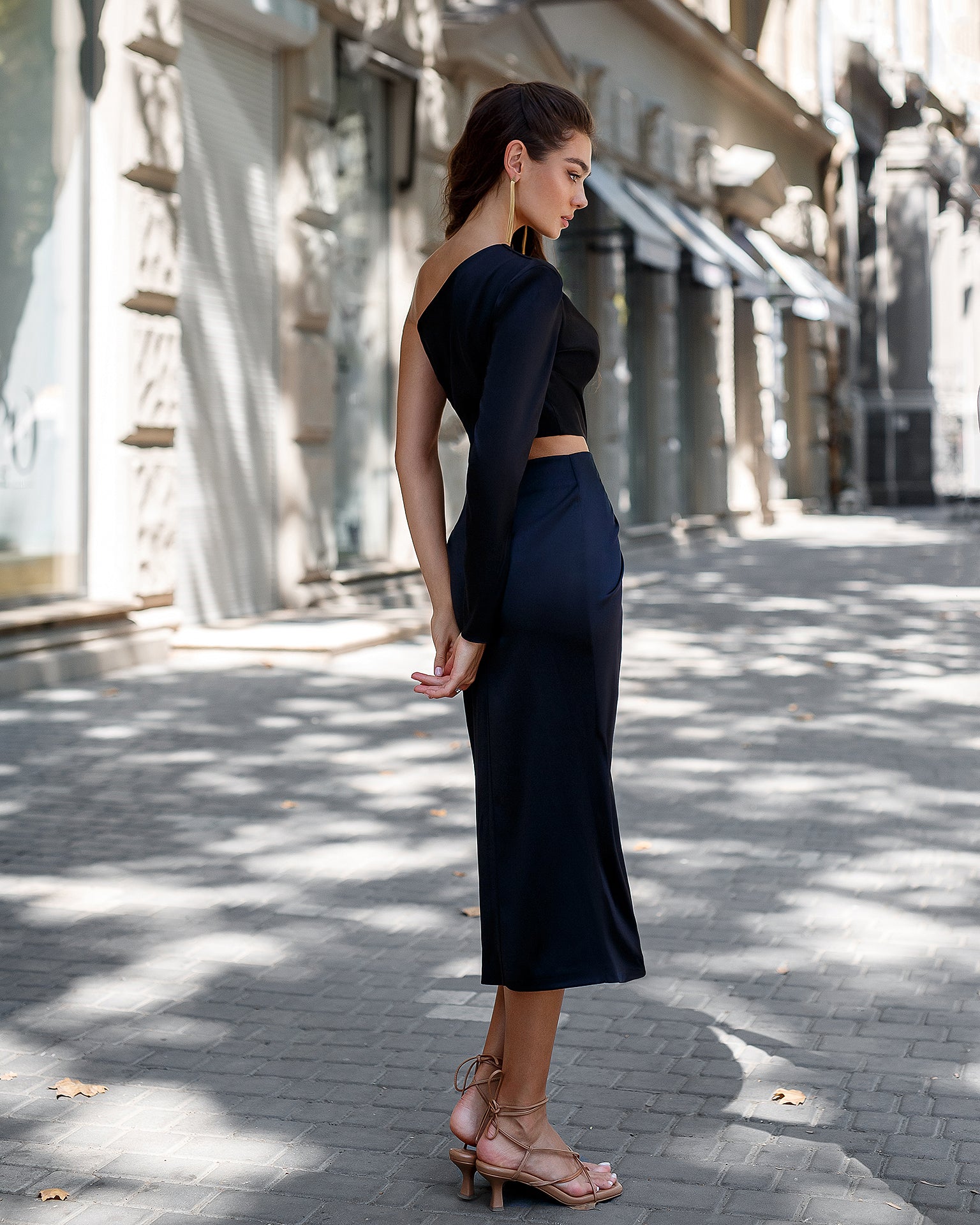 Black Satin One-Shoulder Cut-Out Midi Dress