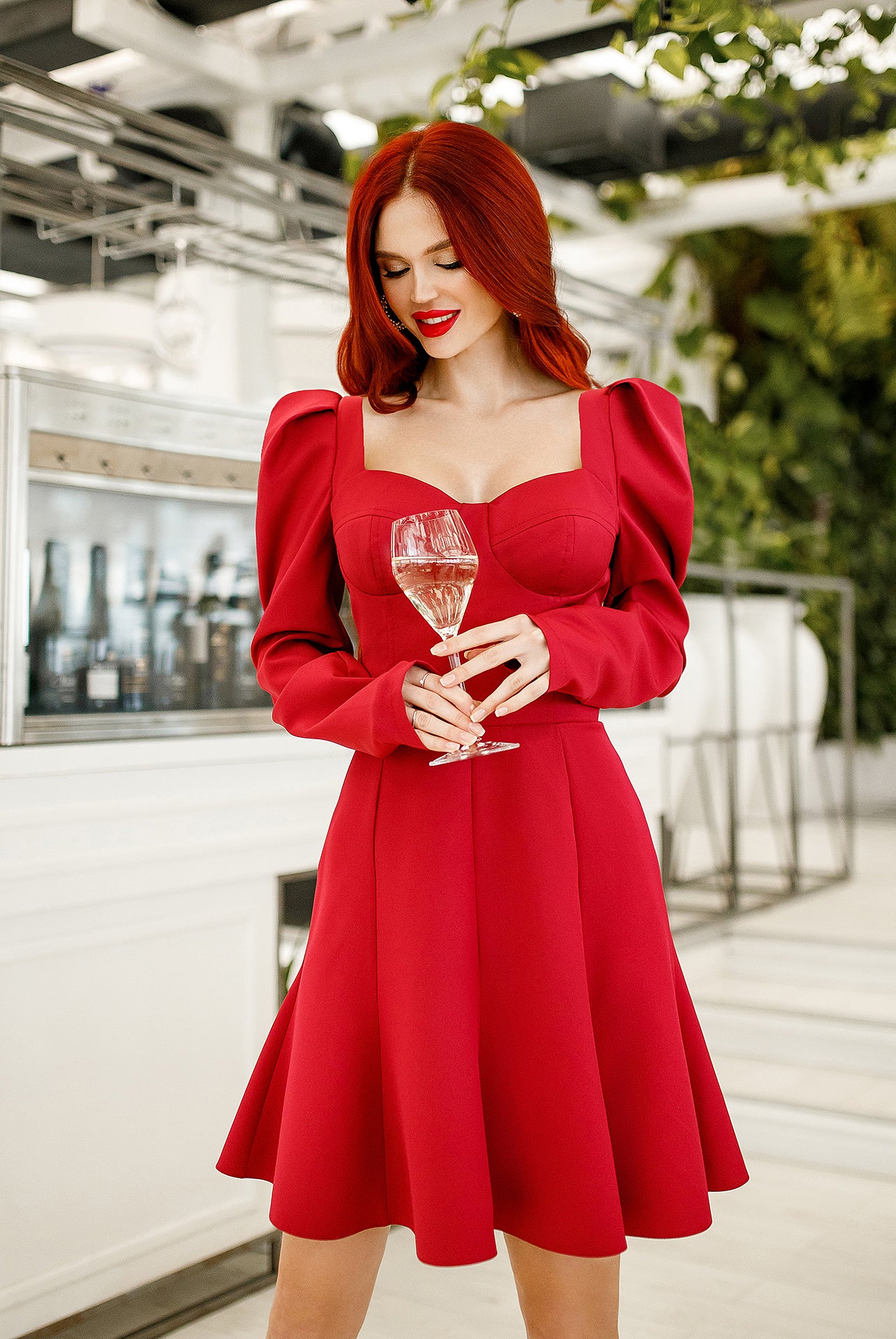 Bordeaux Sweetheart Puff-Sleeve Mini Dress - view 7 | ELAGIA