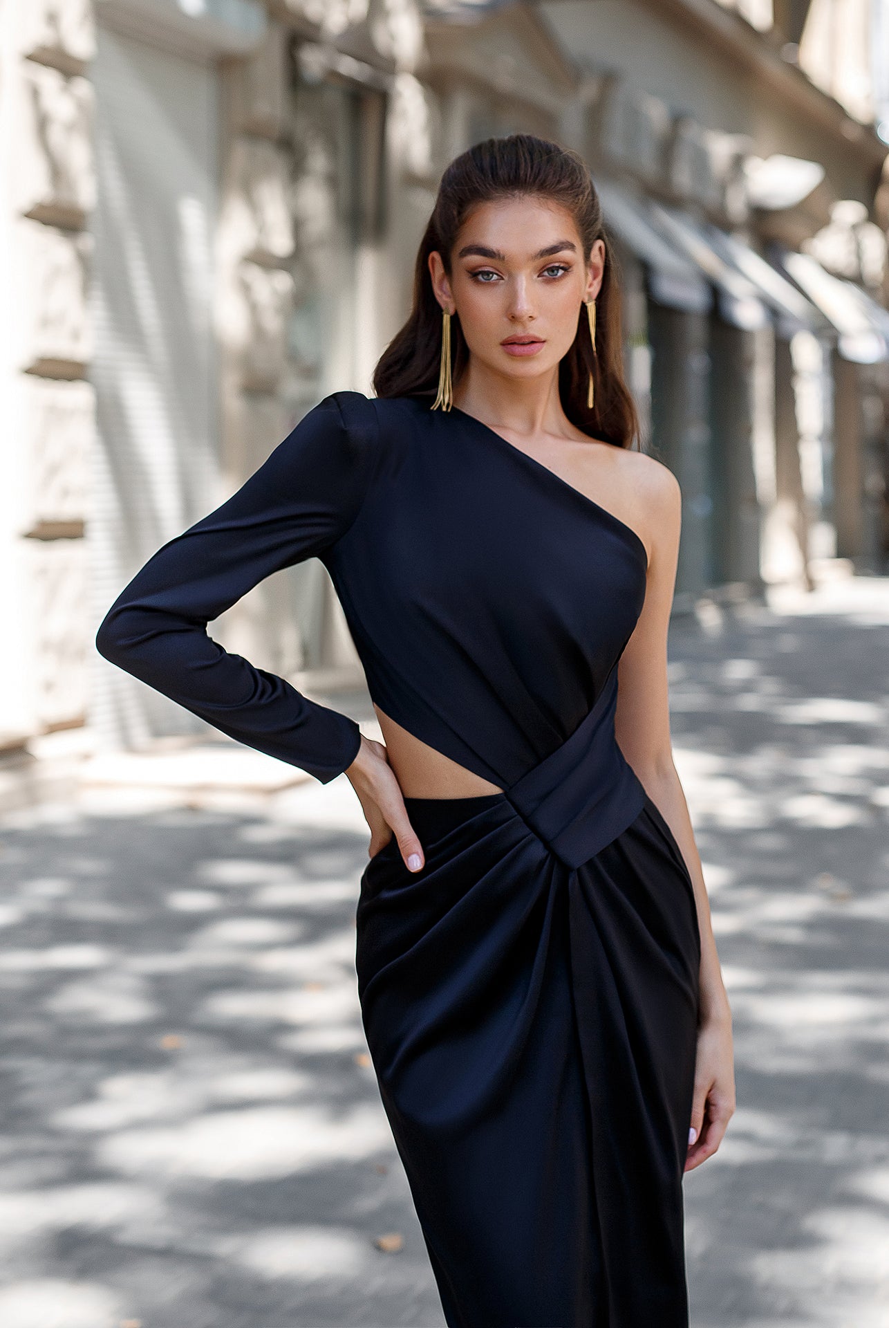 Black Satin One-Shoulder Cut-Out Midi Dress