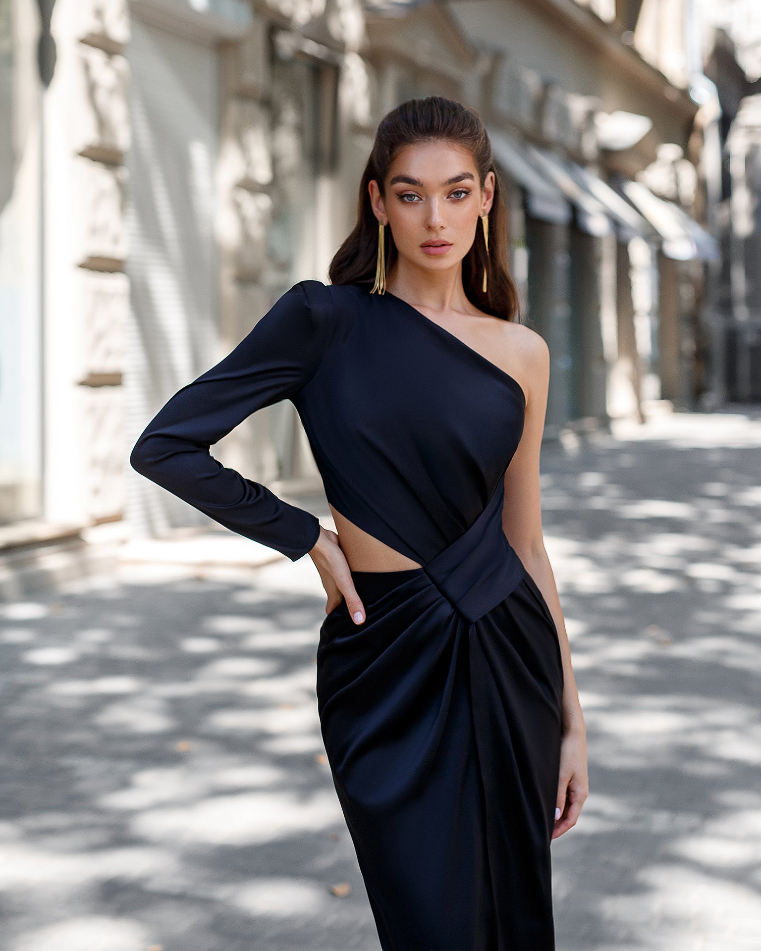 Black Satin One-Shoulder Cut-Out Midi Dress